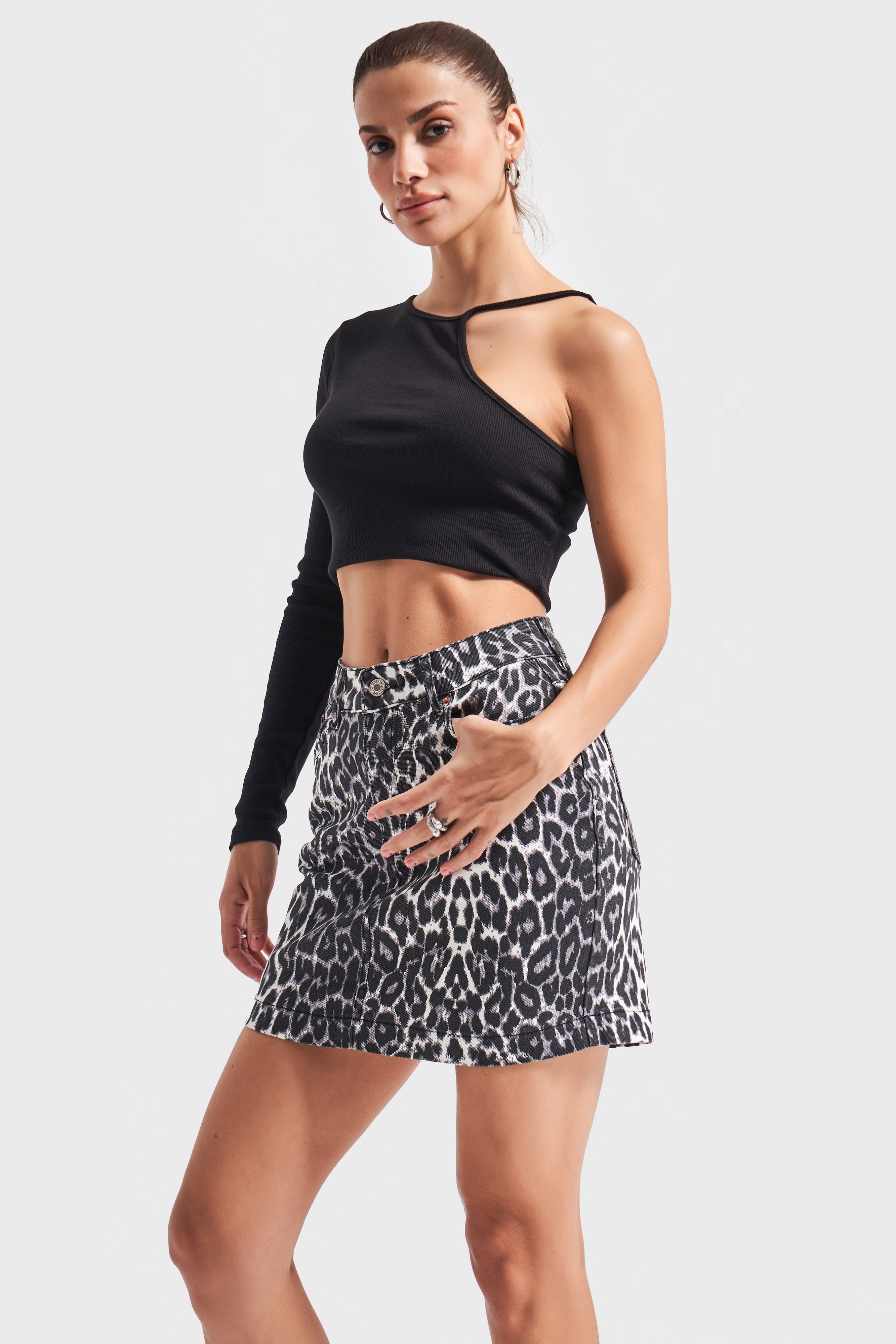 Women's Black White Leopard Color Mini Denim Skirt