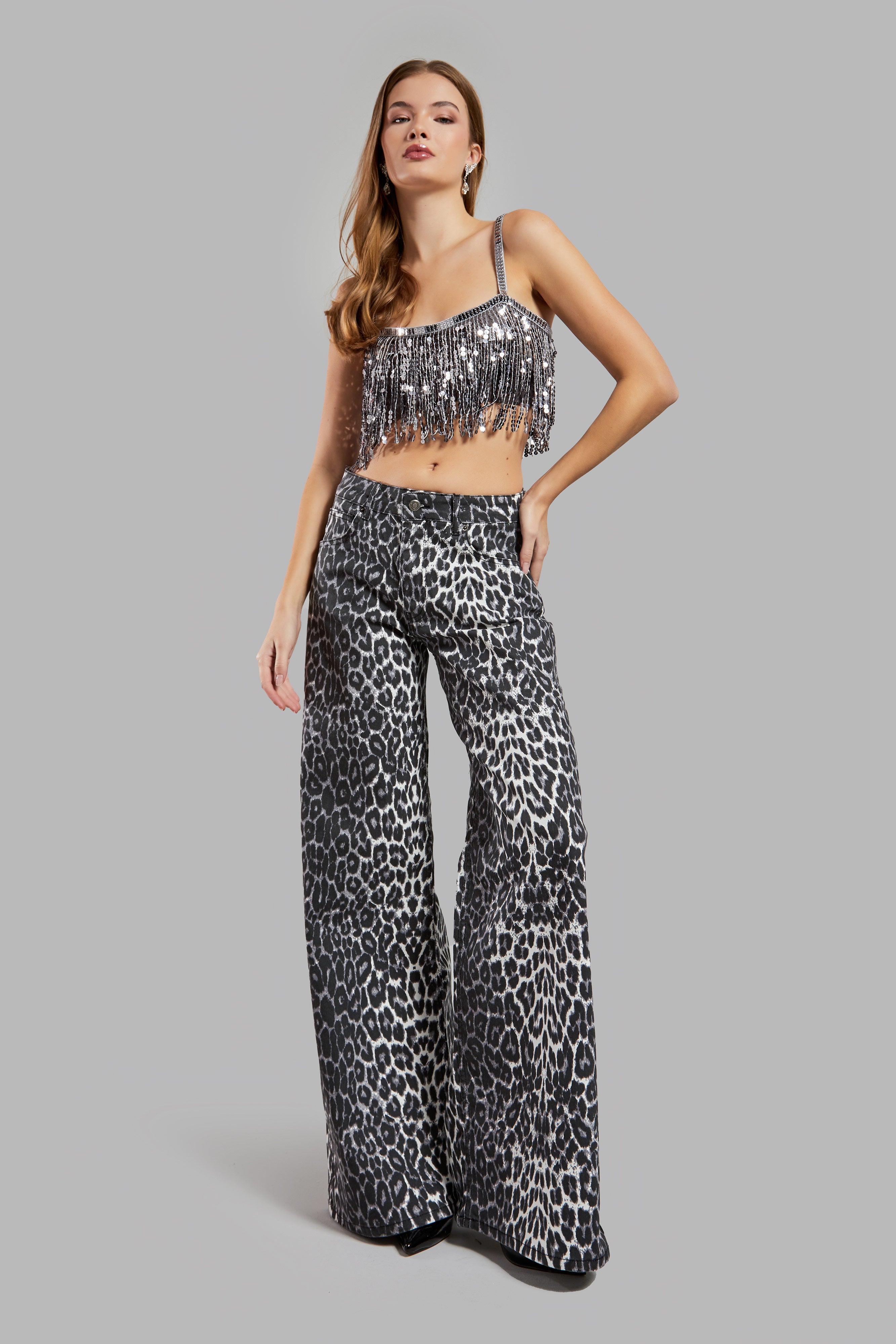 Women Black White Leopard Color w426 Denim Fabric Palazzo Fit Mid Waist Denim