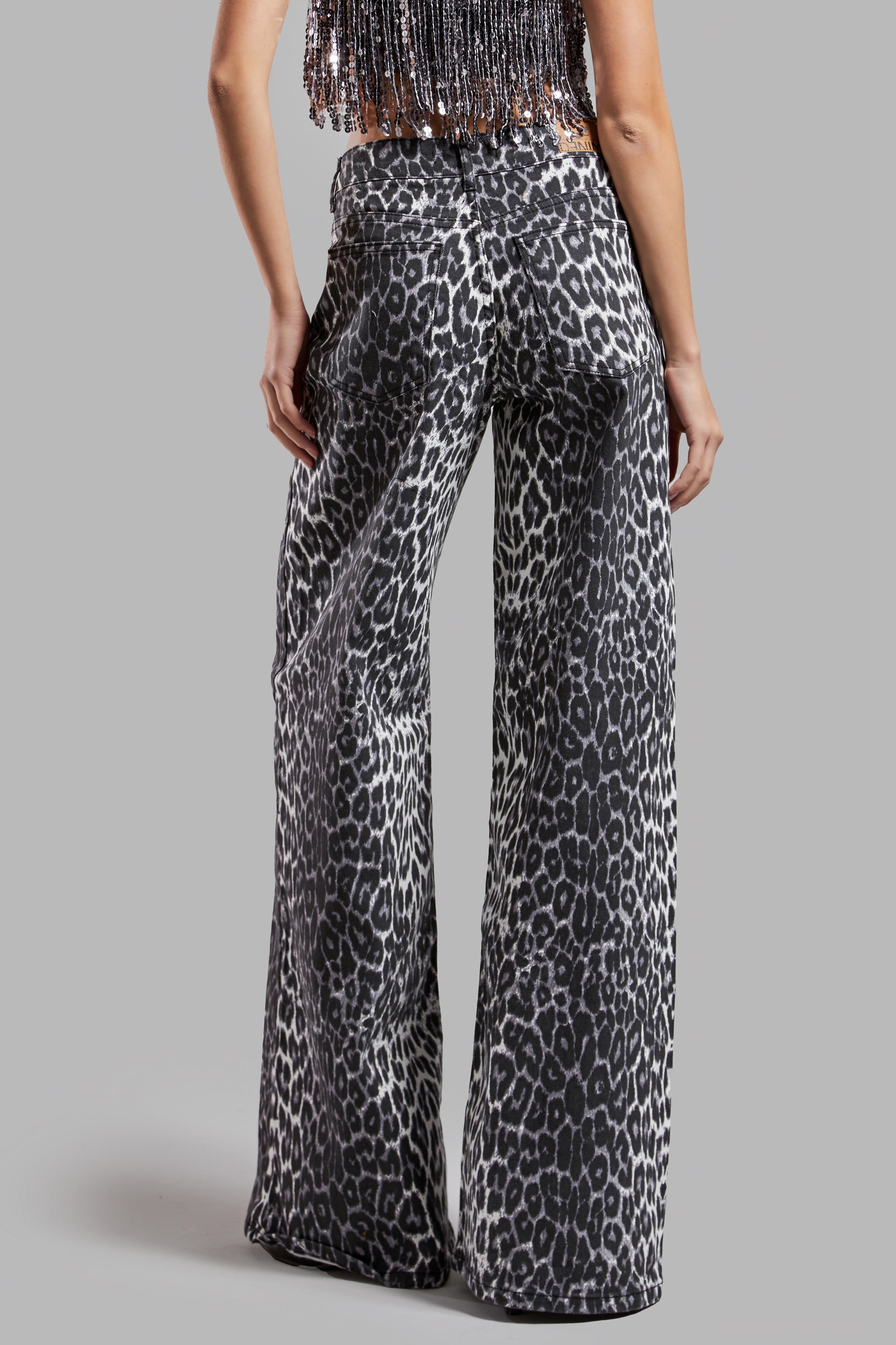 Women Black White Leopard Color w426 Denim Fabric Palazzo Fit Mid Waist Denim