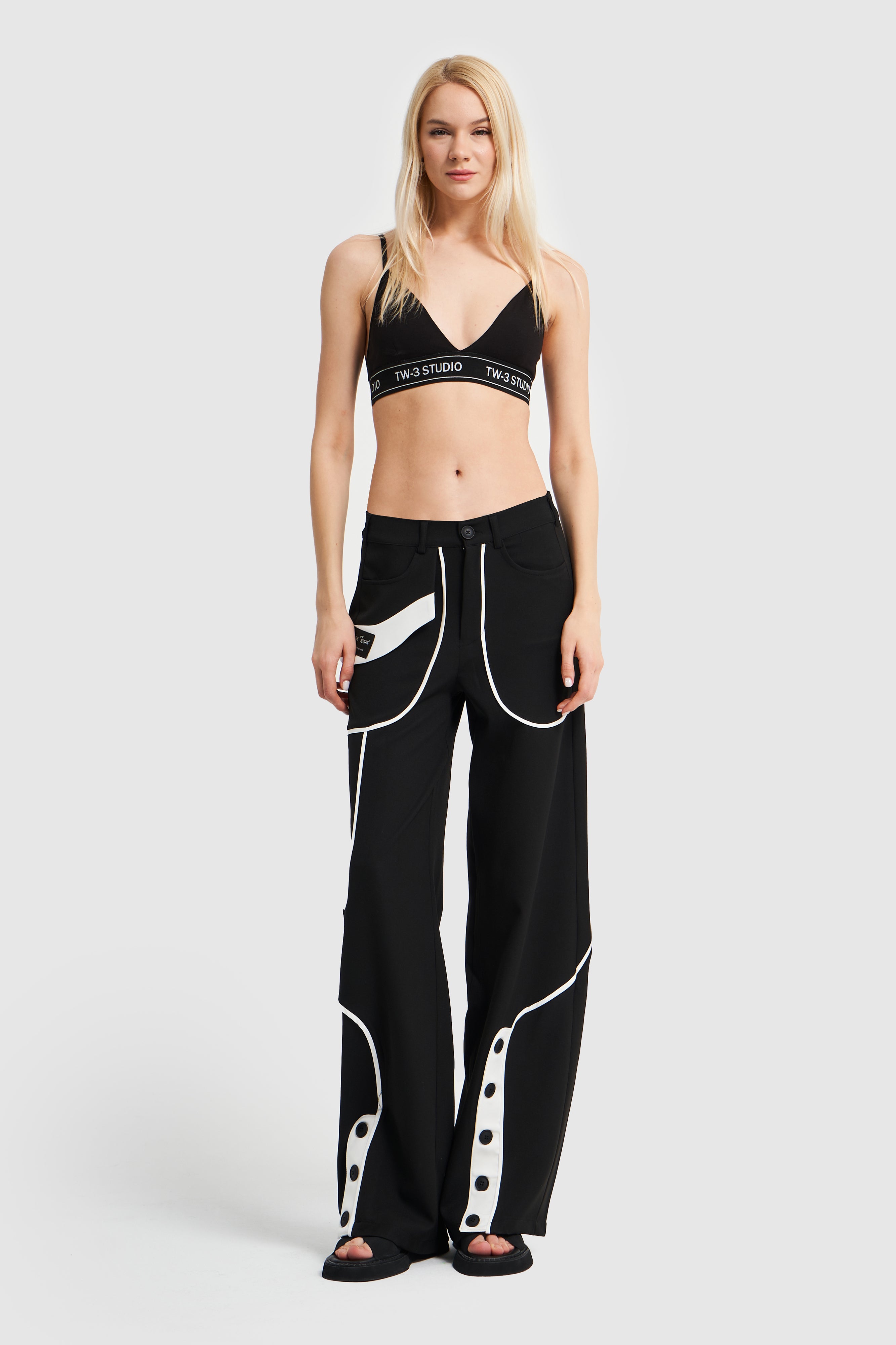 Women's Black and White Color Split Leg Detail Design Wide Trousers
