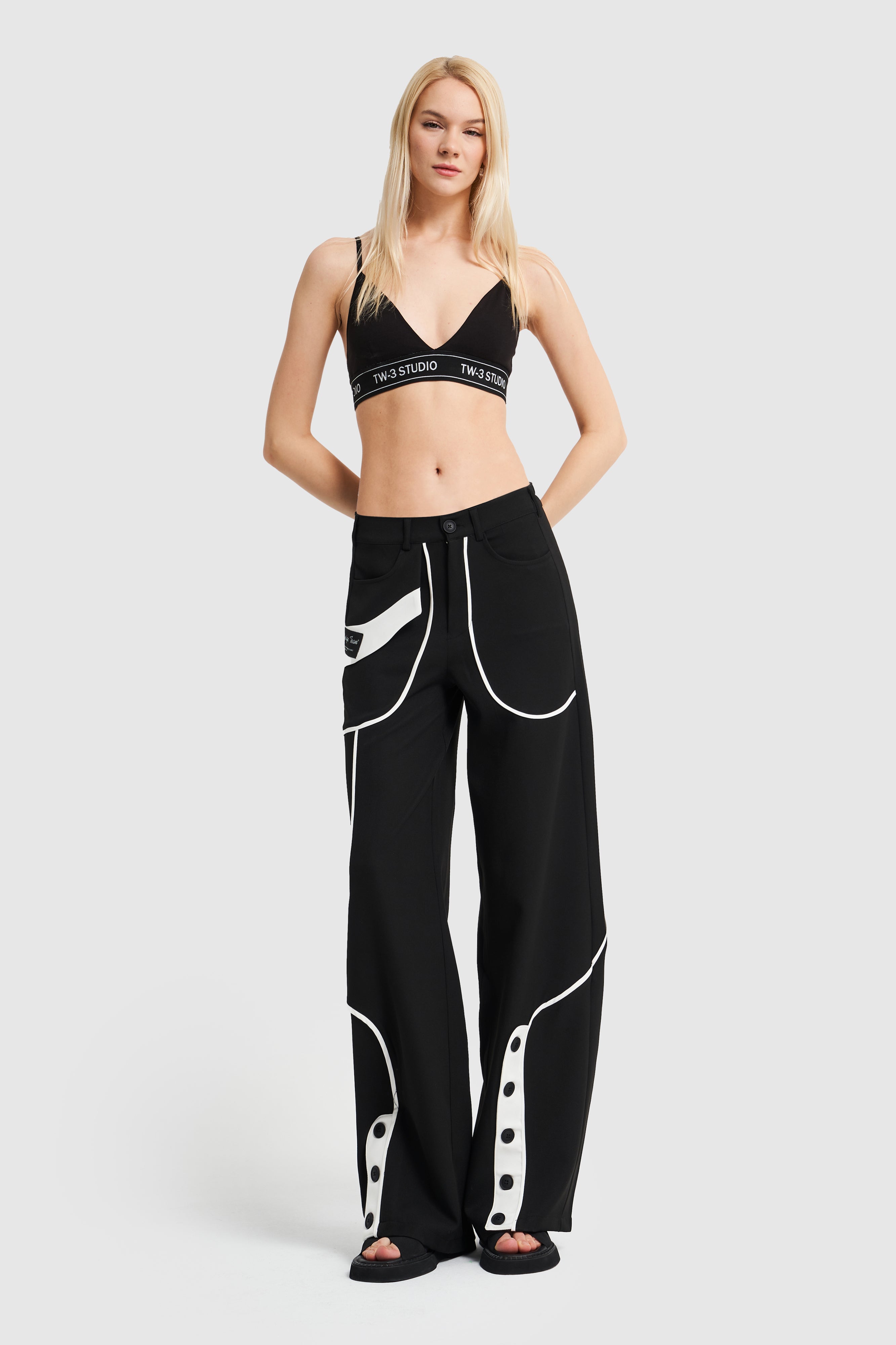 Women's Black and White Color Split Leg Detail Design Wide Trousers