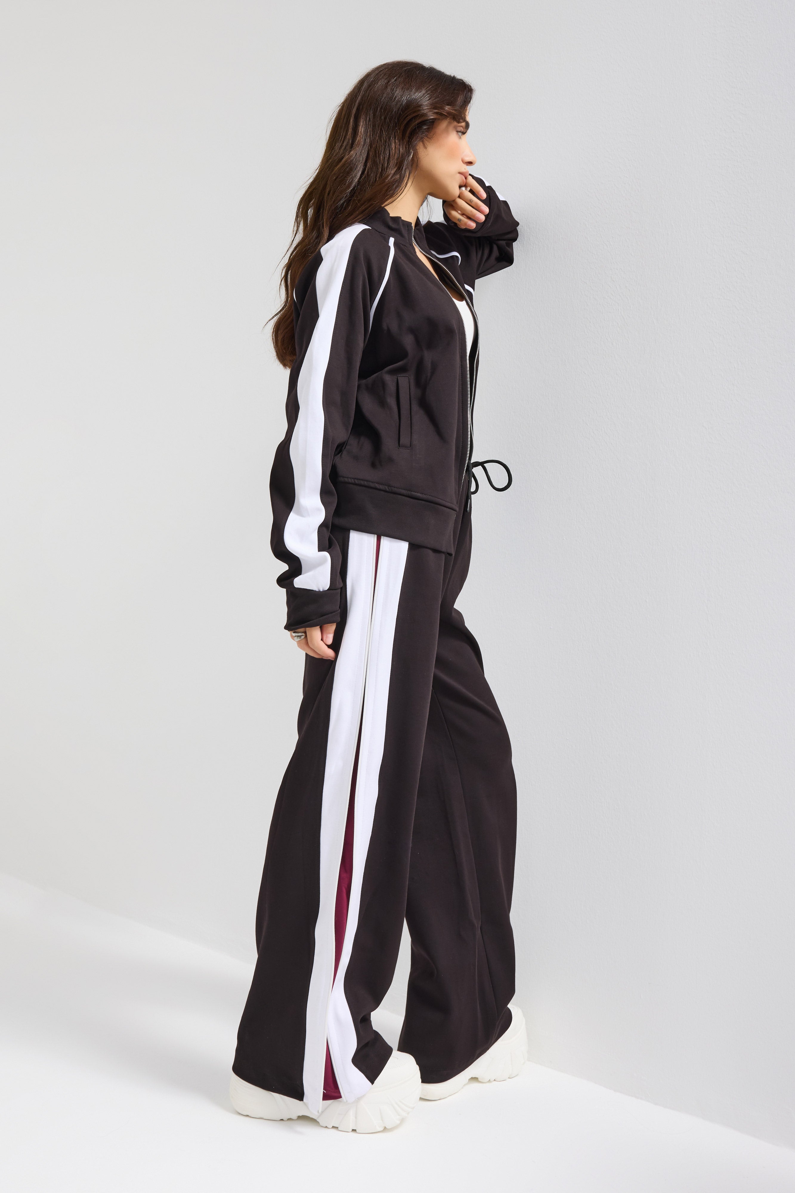 Kadın Siyah Beyaz w5-1 Bol Kesim Polar ve Eşofman Tasarım 2'li Kombin Takım