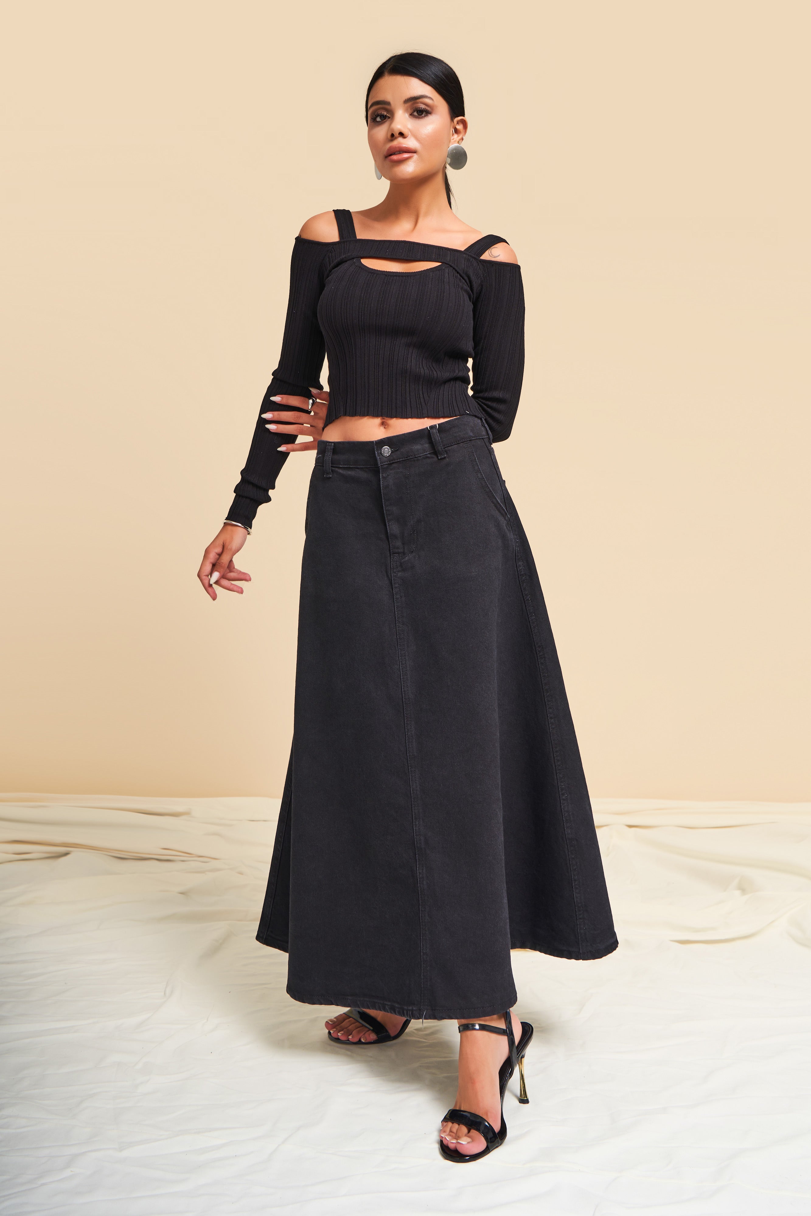 Kadın Siyah Black Od Renk A Tipi Kesim Denim Etek