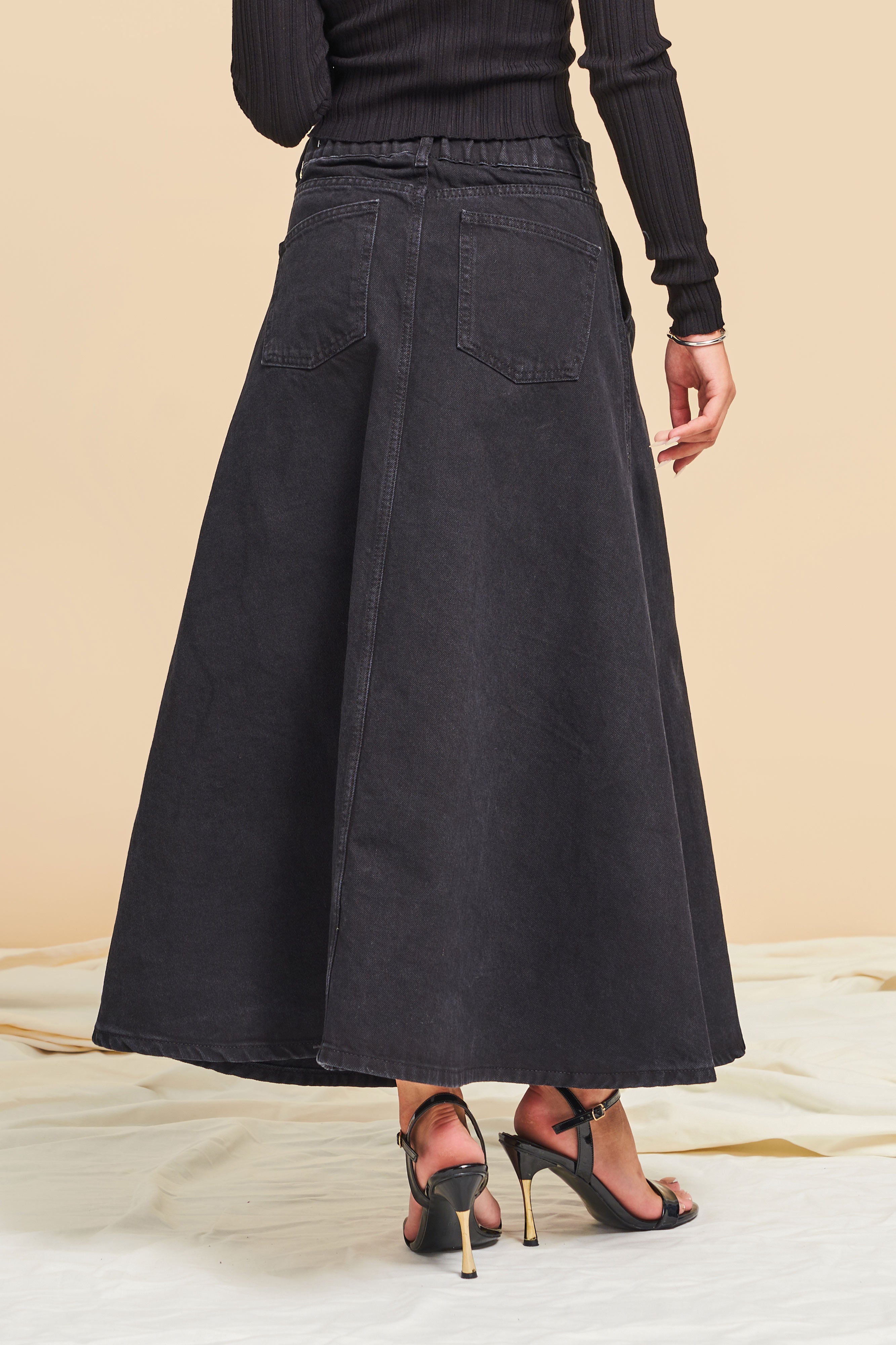 Kadın Siyah Black Od Renk A Tipi Kesim Denim Etek