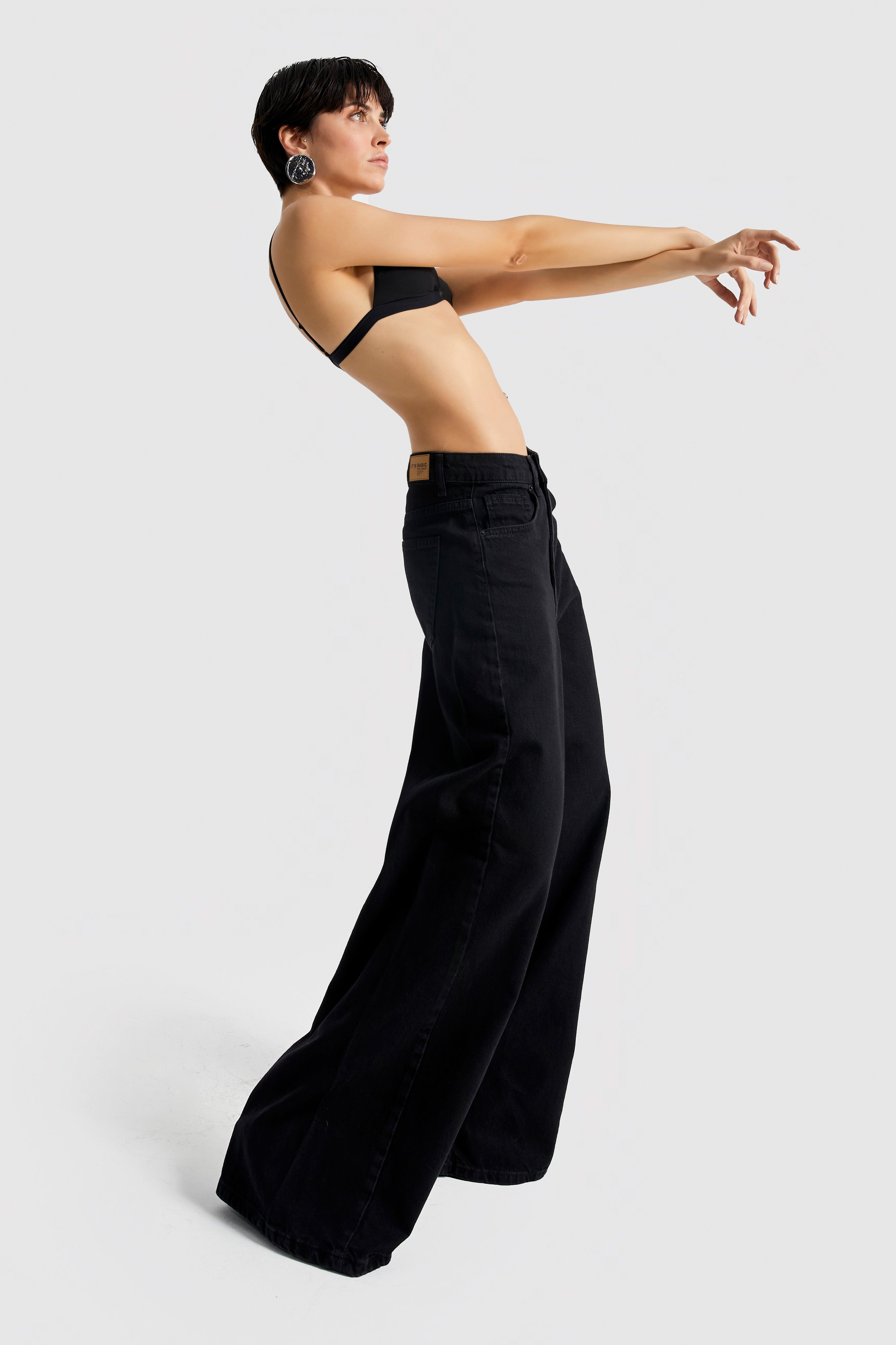 Kadın Siyah Black Od Renk Düşük Bel Süper Wide Leg Fit Denim Pantolon