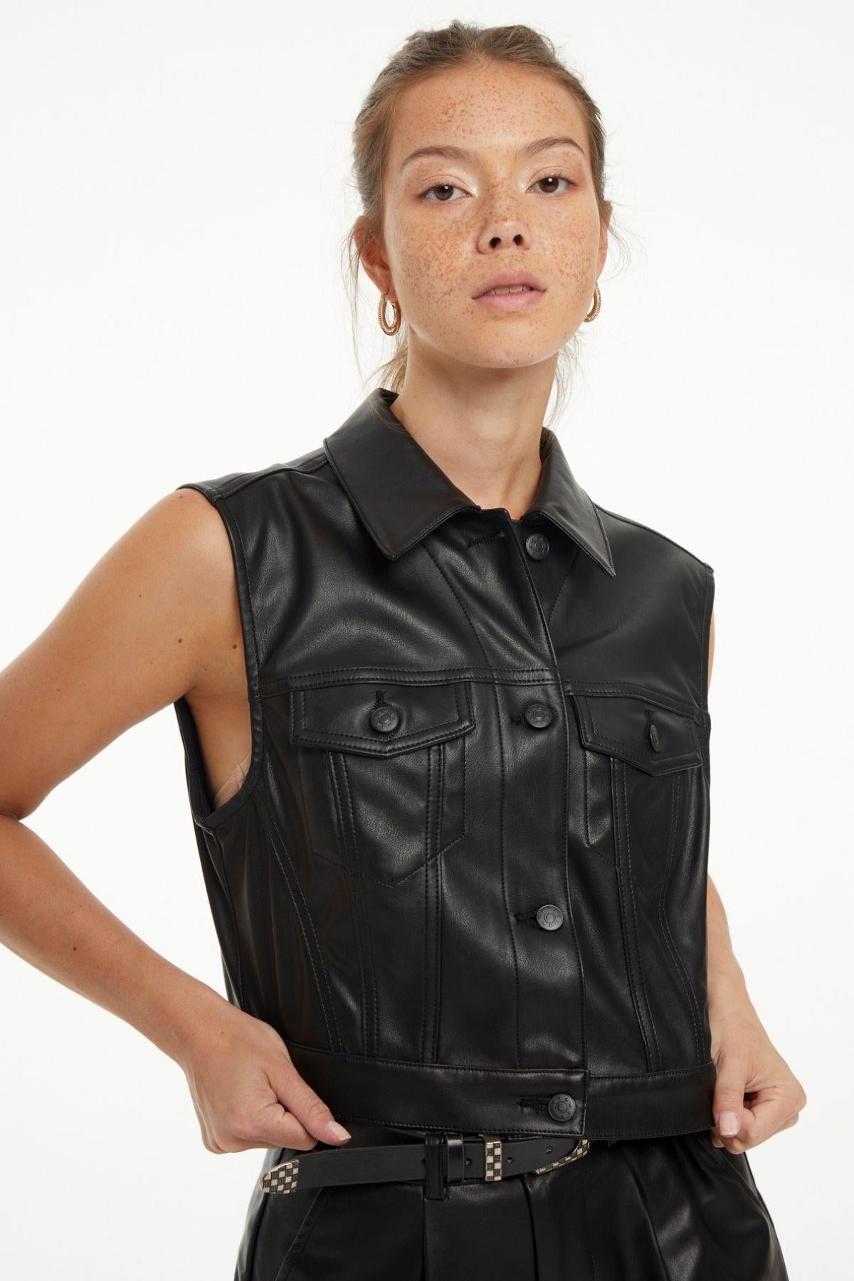 Women's Black Leather Color Front Buttoned Faux Leather Vest