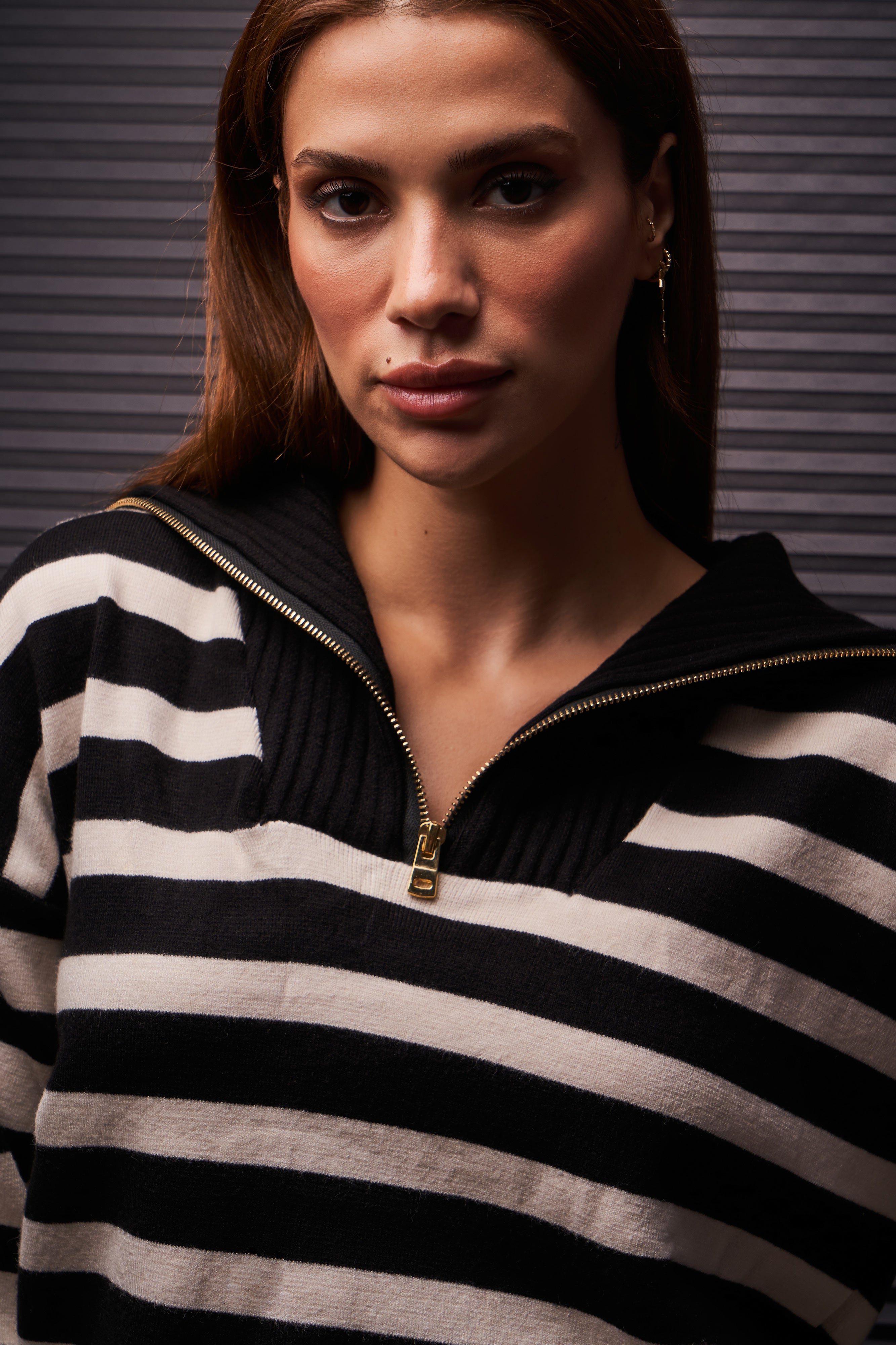 Women's Black Ecru Color Oversize Polo Neck Sweater