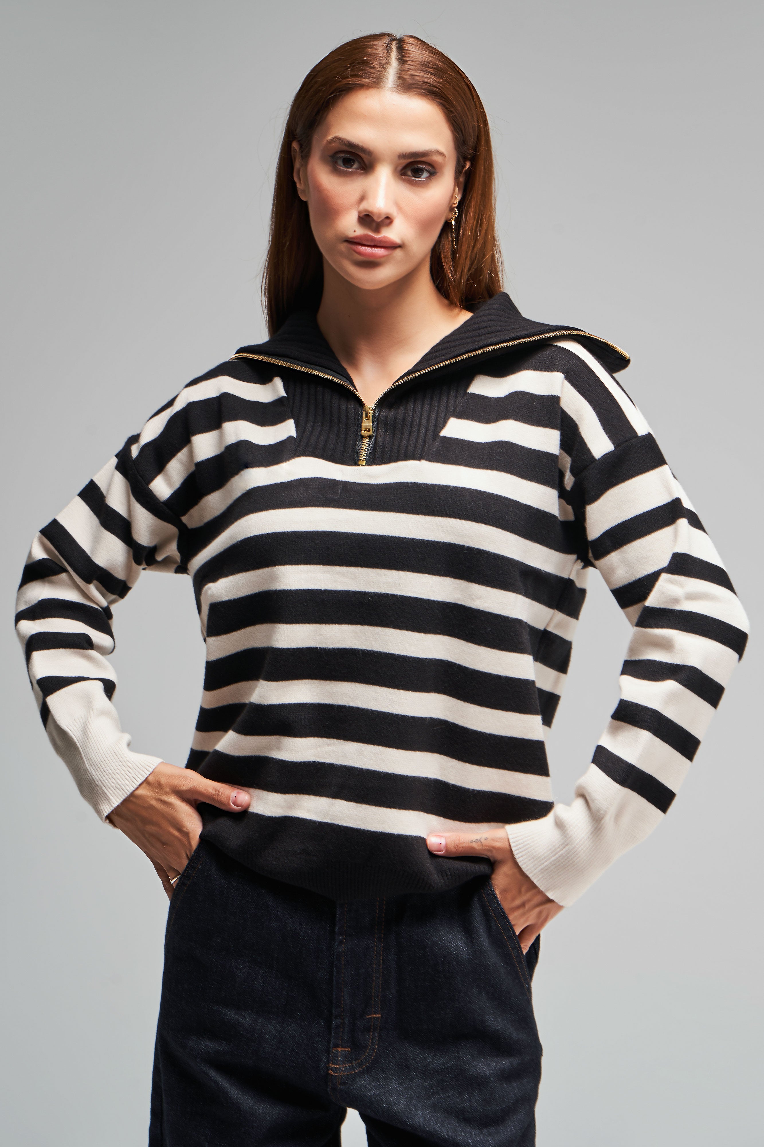 Women's Black Ecru Color Oversize Polo Neck Sweater