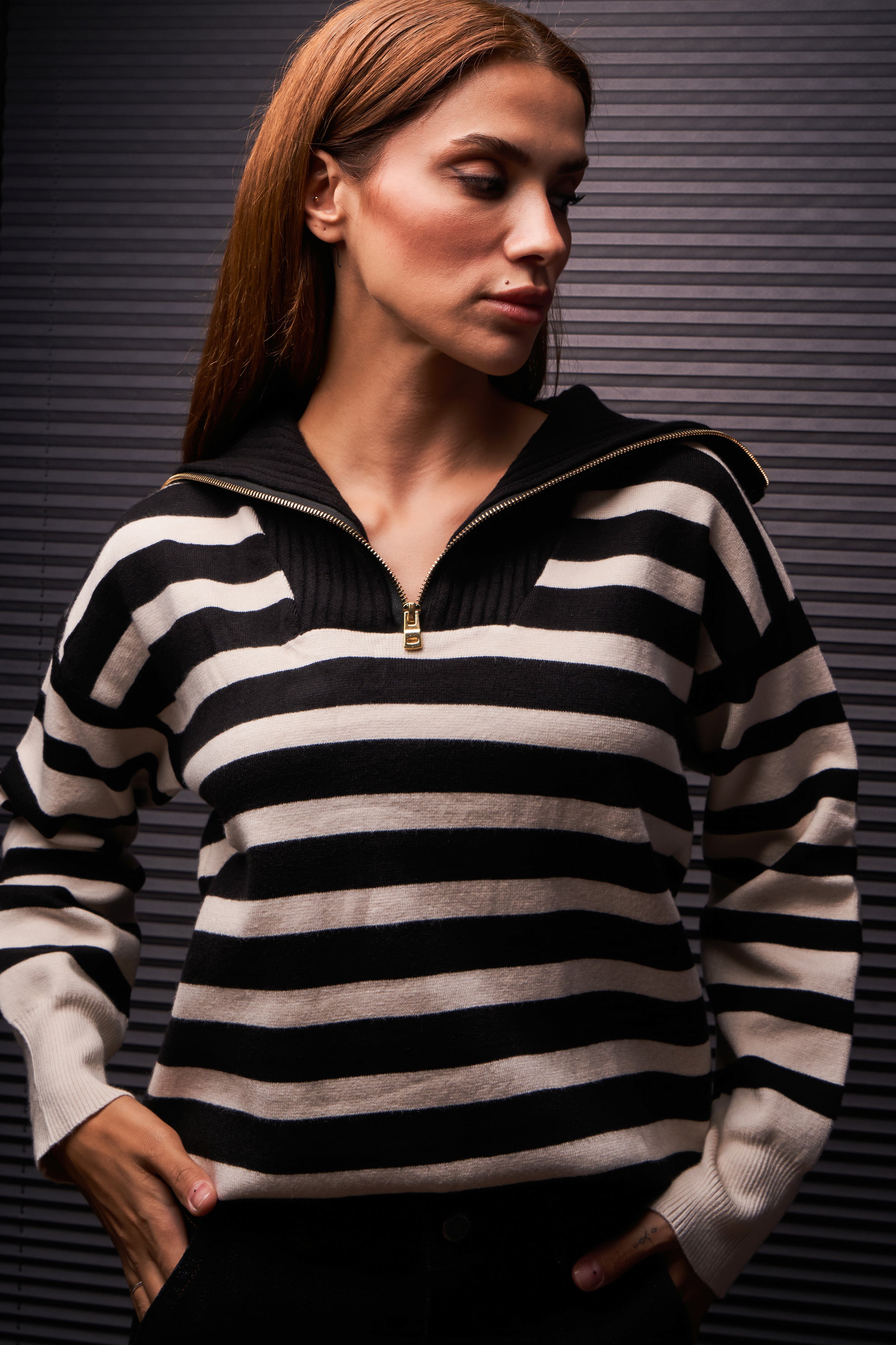 Women's Black Ecru Color Oversize Polo Neck Sweater