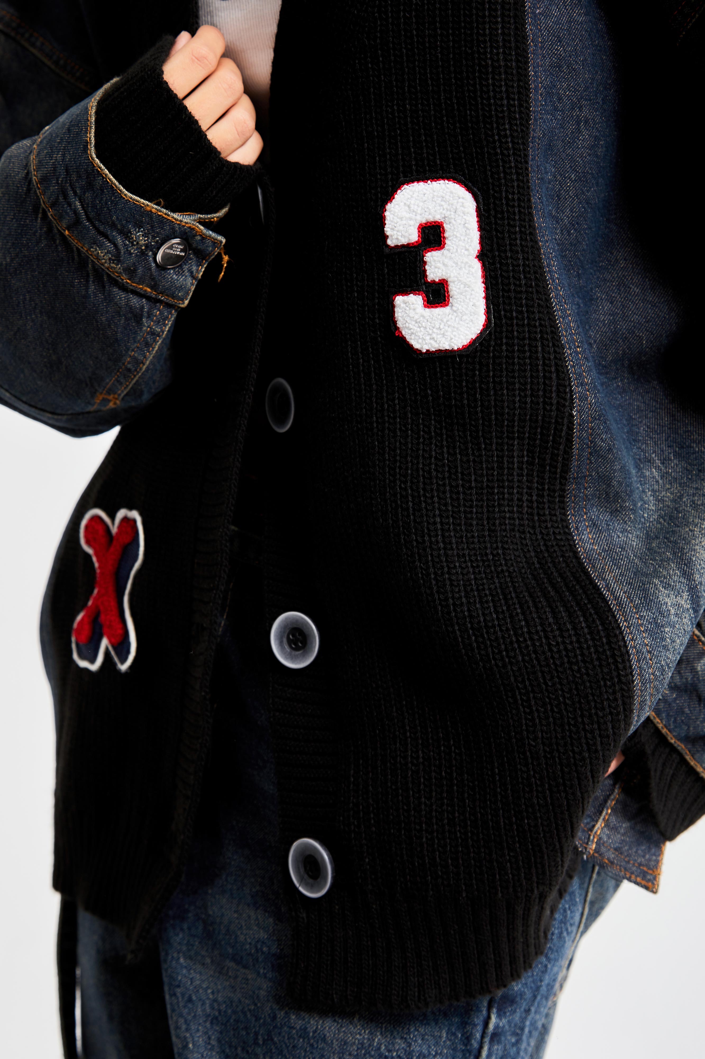 Women's Black Denim Color Embroidered Letter Oversize Design Cardigan