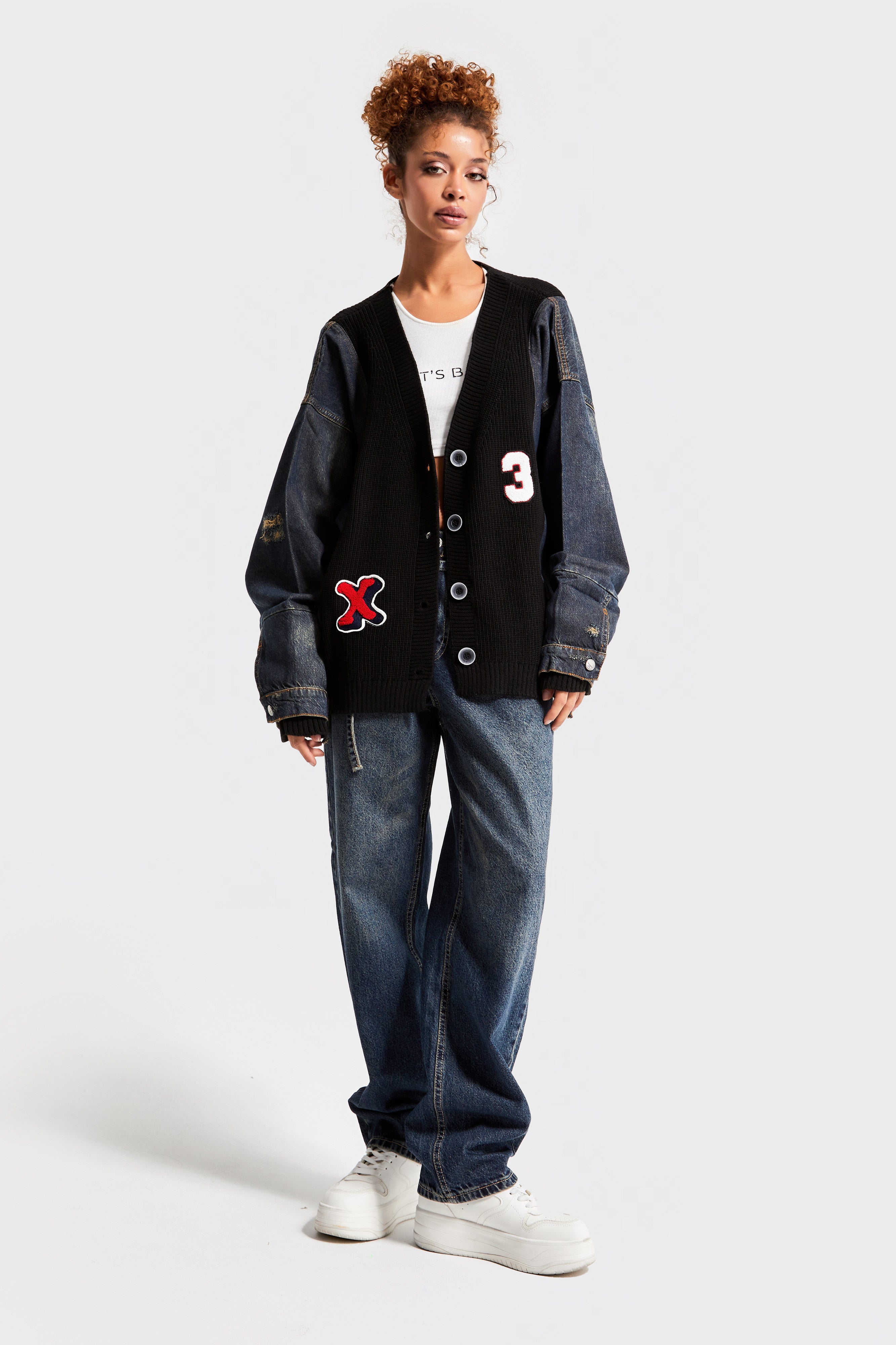 Women's Black Denim Color Embroidered Letter Oversize Design Cardigan