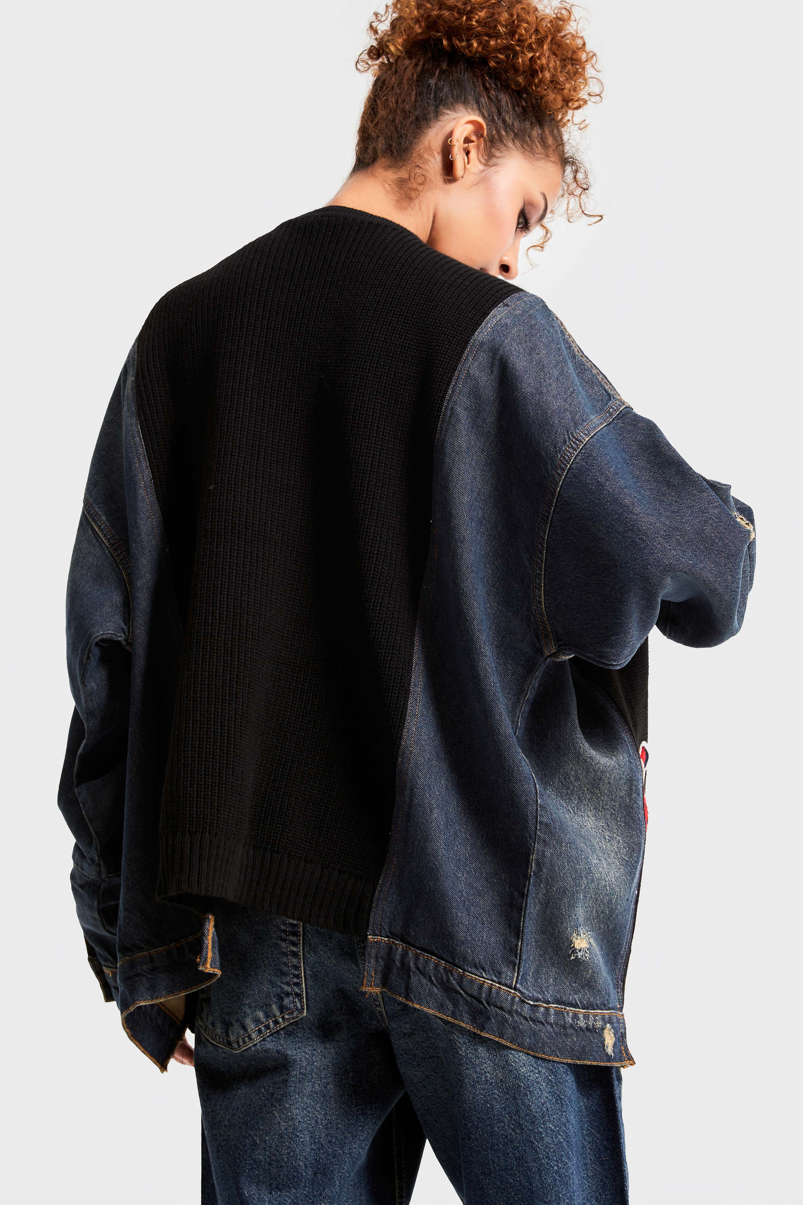 Women's Black Denim Color Embroidered Letter Oversize Design Cardigan