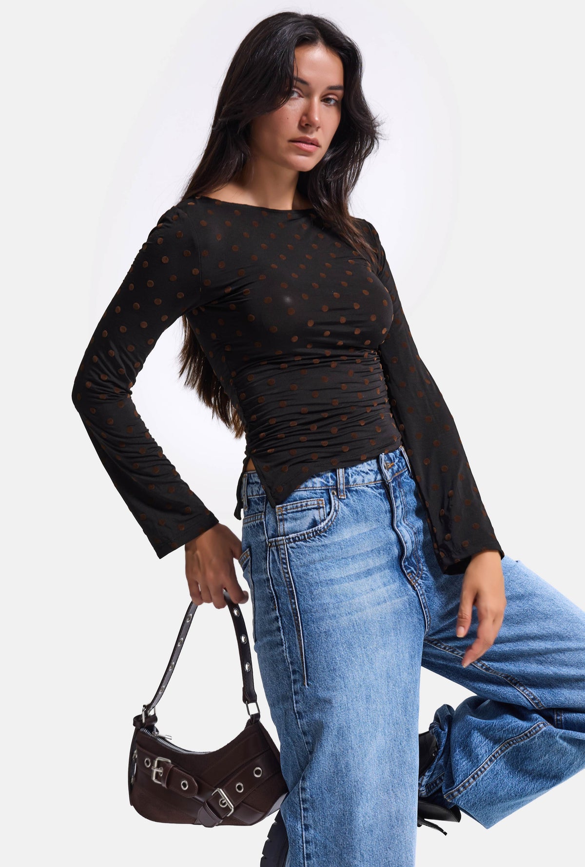 Kadın Siyah Puantiye w6-1 Shirred Blouse