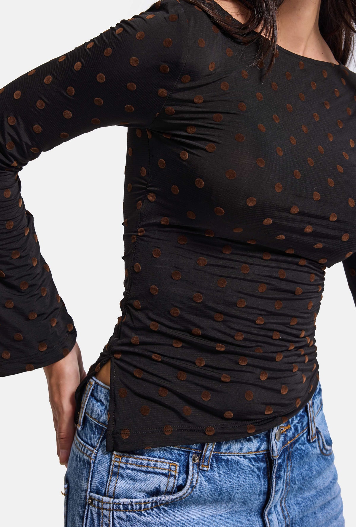 Kadın Siyah Puantiye w6-1 Shirred Blouse