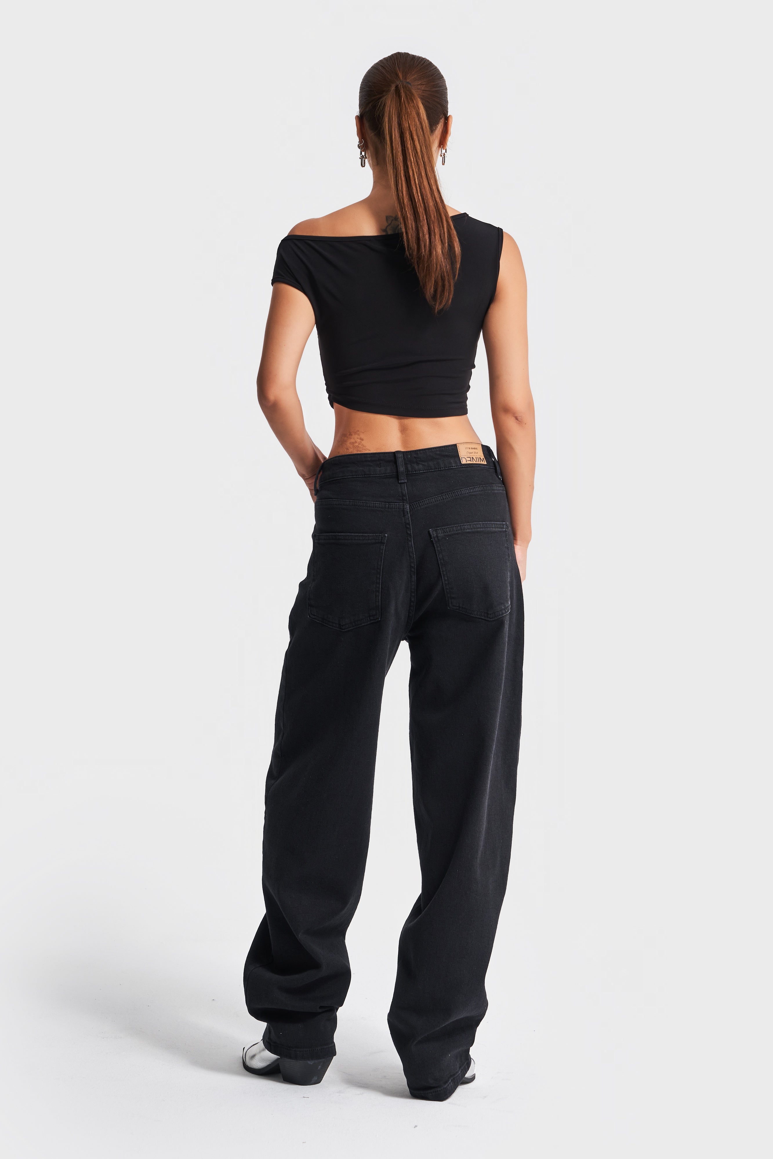Women Black Color 1w41 Baggy Flared Fit Super Long 100% Cotton Denim