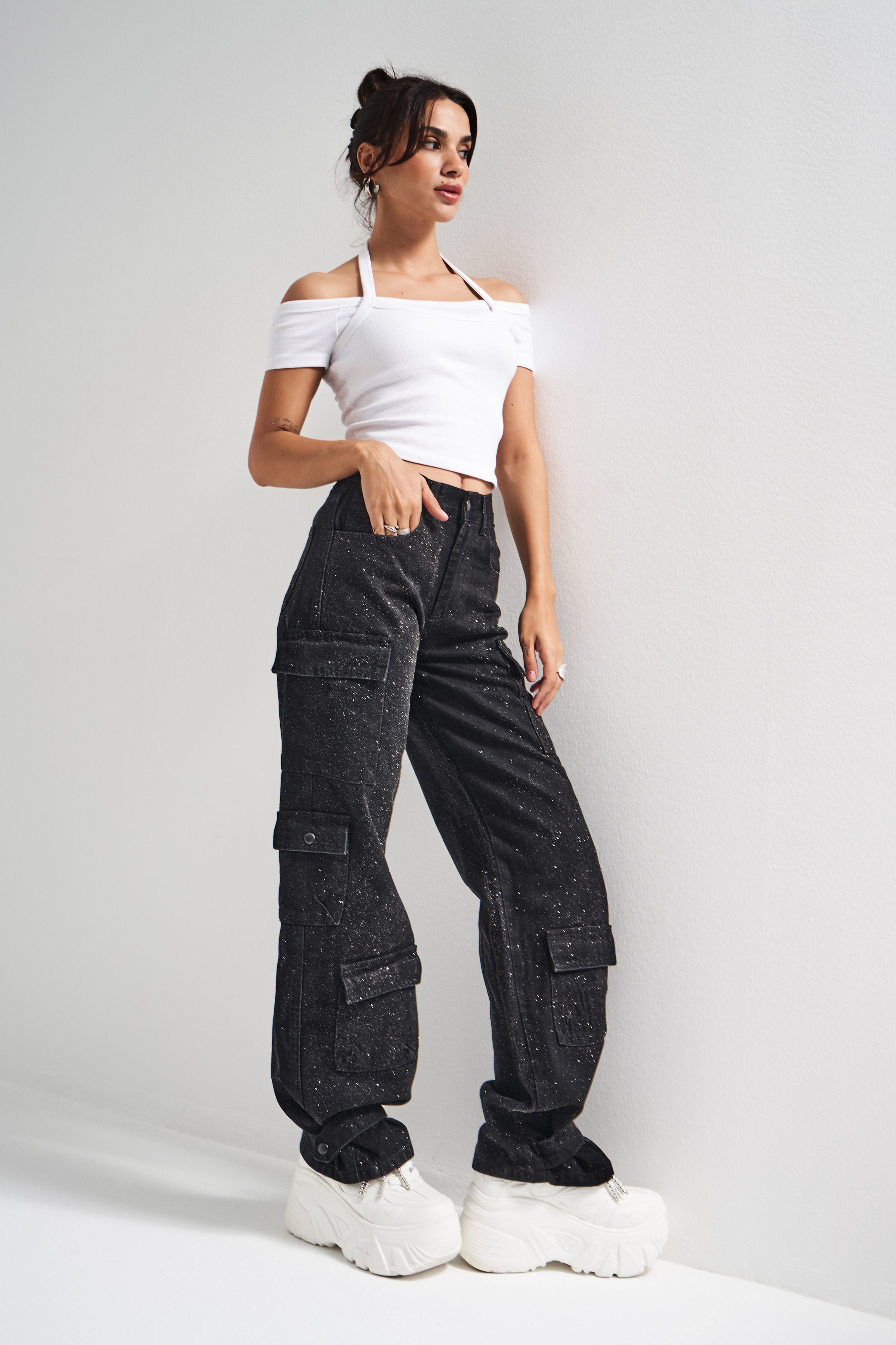 Kadın Siyah Renk 1w5-1 Straight Kargo Fit Parlak Pul Detaylı Özel Tasarım Denim Jean