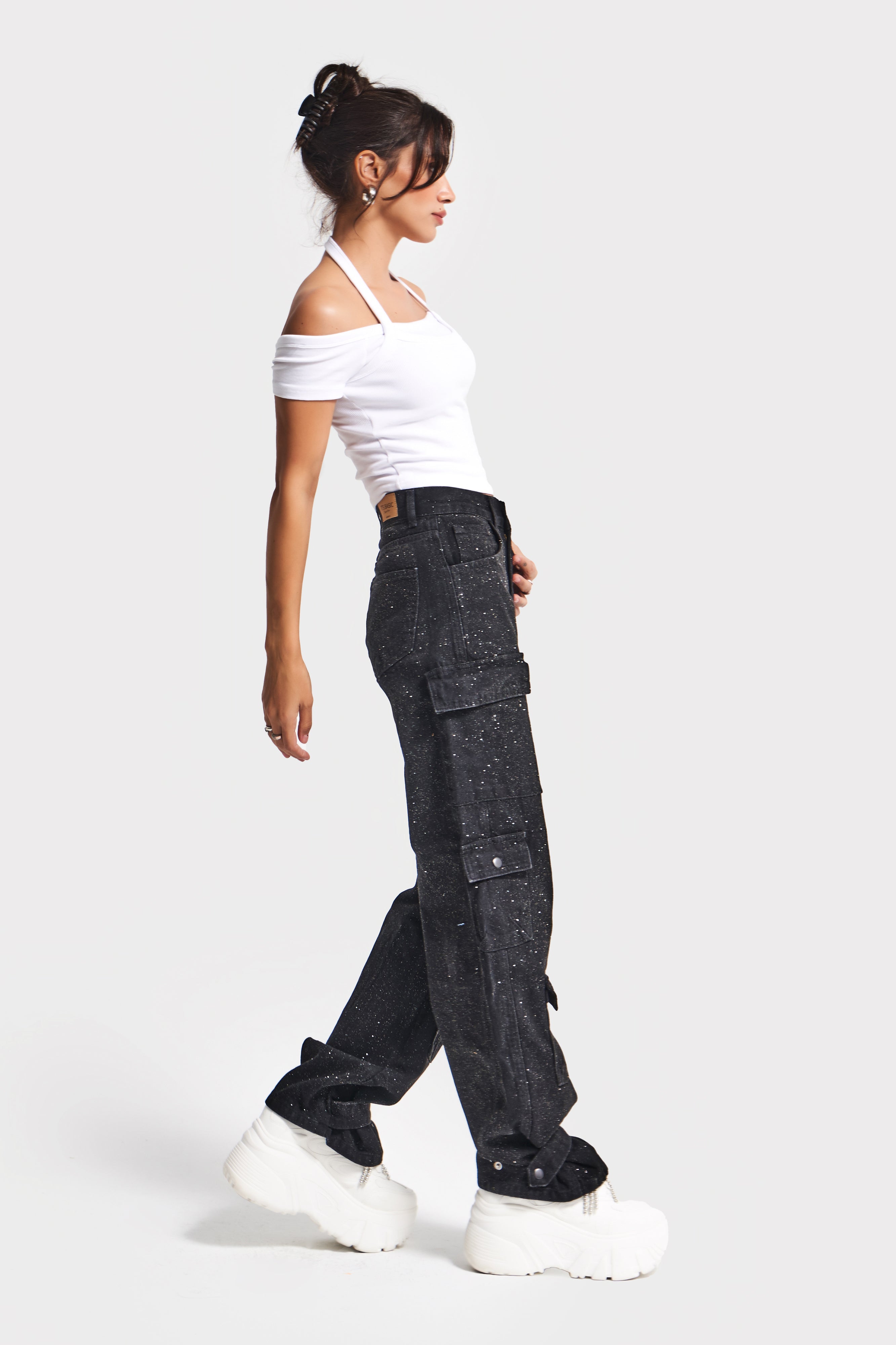 Kadın Siyah Renk 1w5-1 Straight Kargo Fit Parlak Pul Detaylı Özel Tasarım Denim Jean