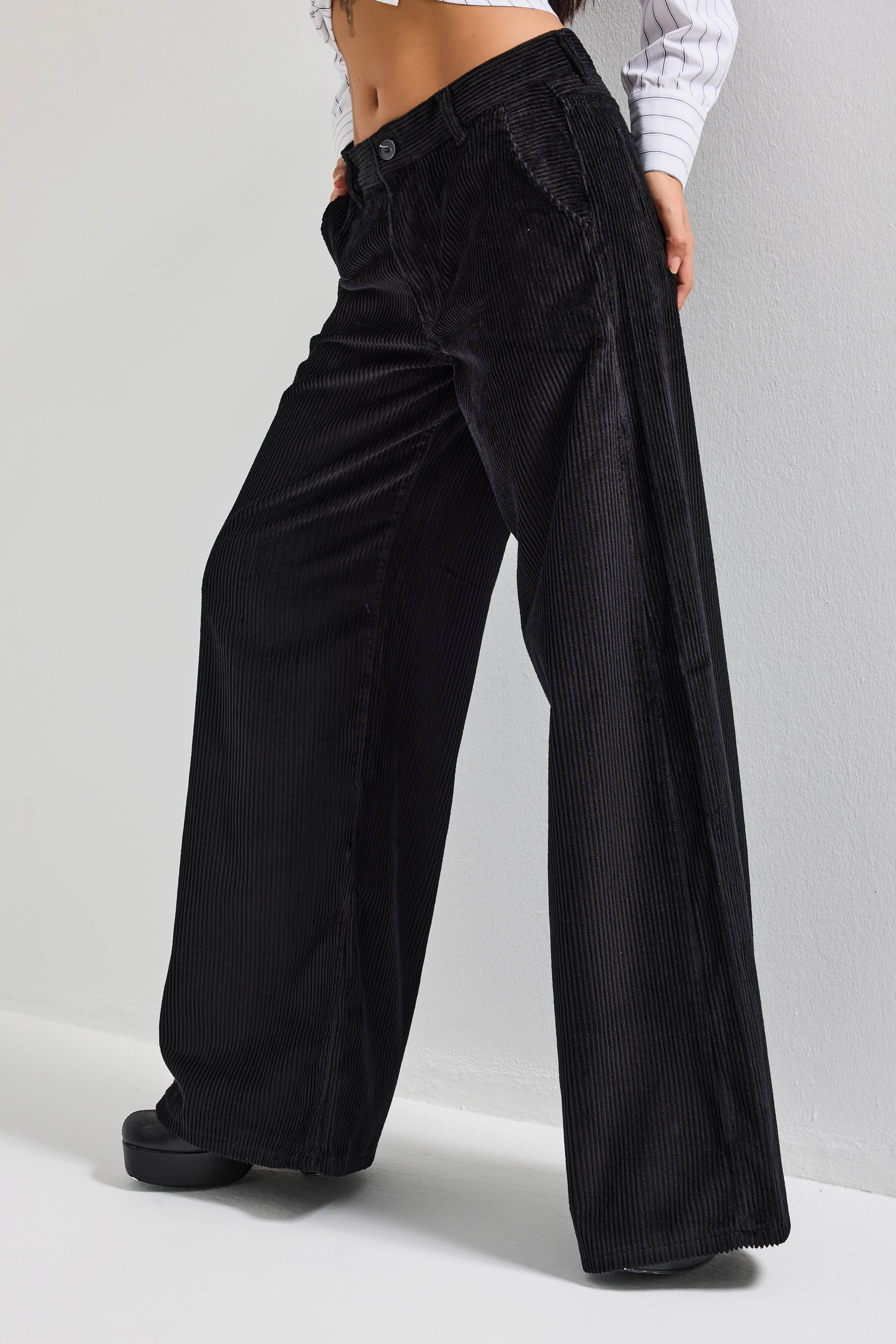 Kadın Siyah Renk 26w5-1 Palazzo Fit Fitilli Velvet Kadife Kumaş Pantolon