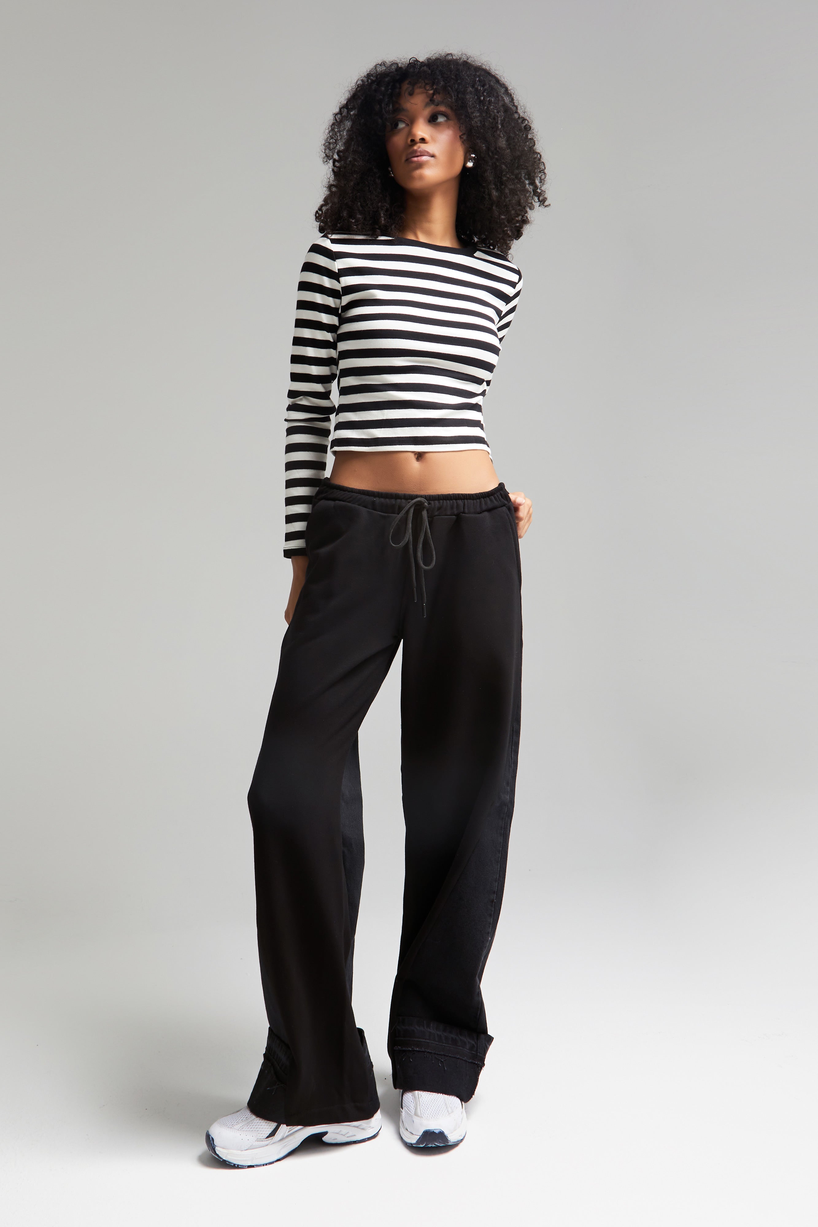 Women's Black Color 2w41 Knitted Denim Piece Loose Fit Design Trousers