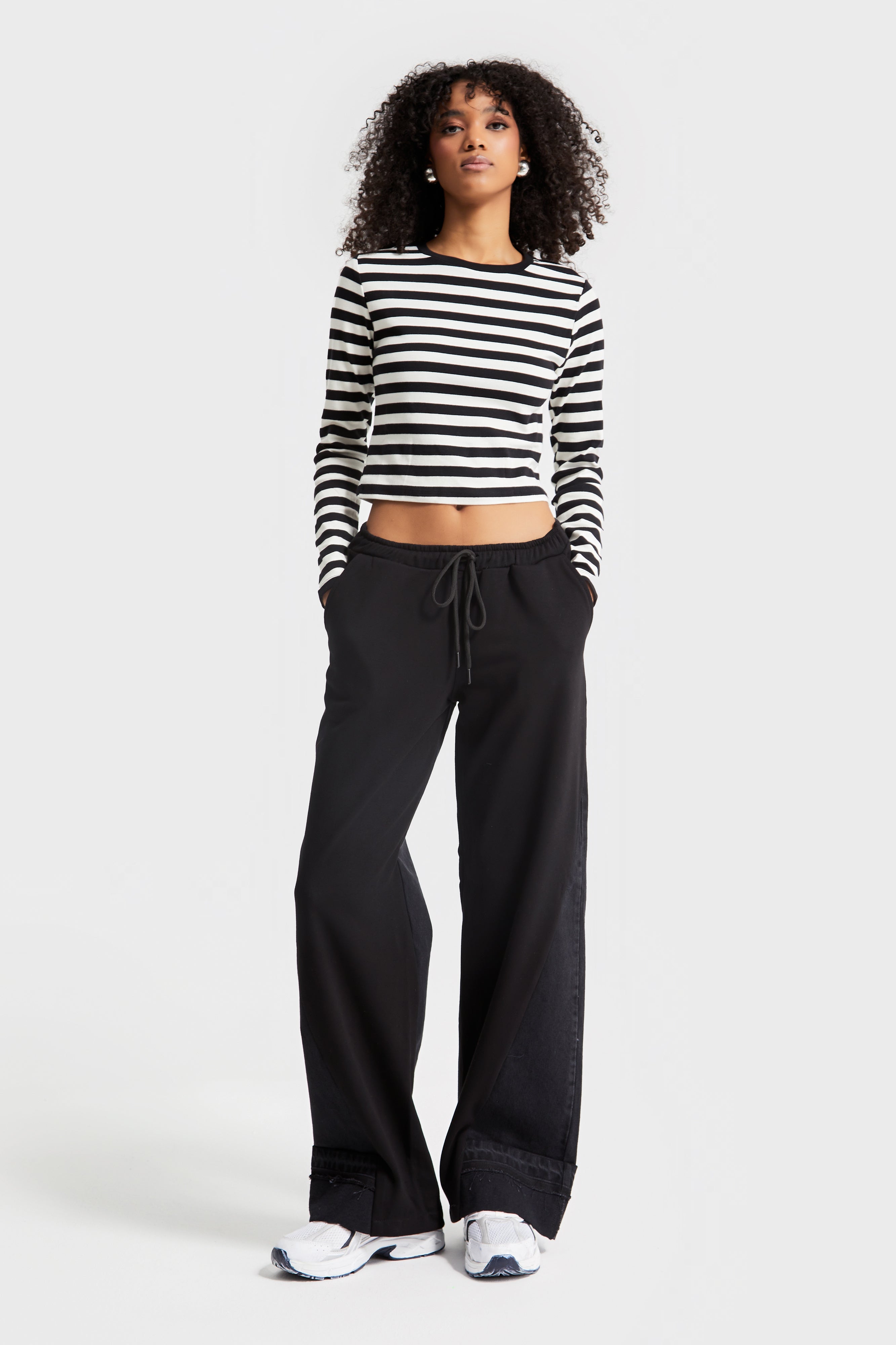 Women's Black Color 2w41 Knitted Denim Piece Loose Fit Design Trousers