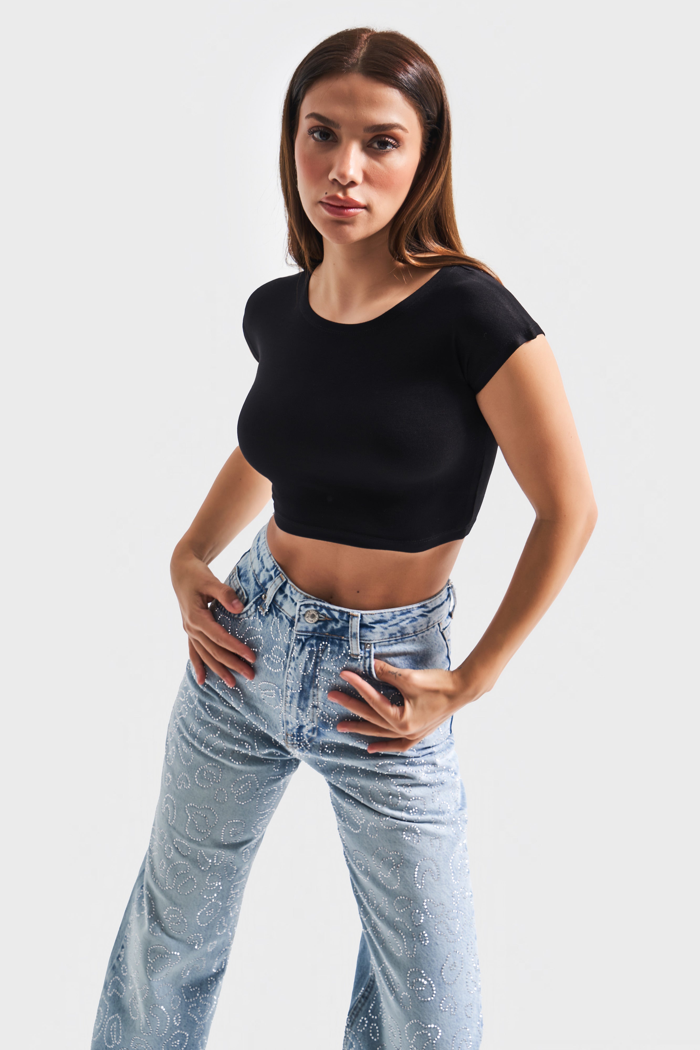 Kadın Siyah Renk Esnek Kumaş Bisiklet Yaka Crop Body