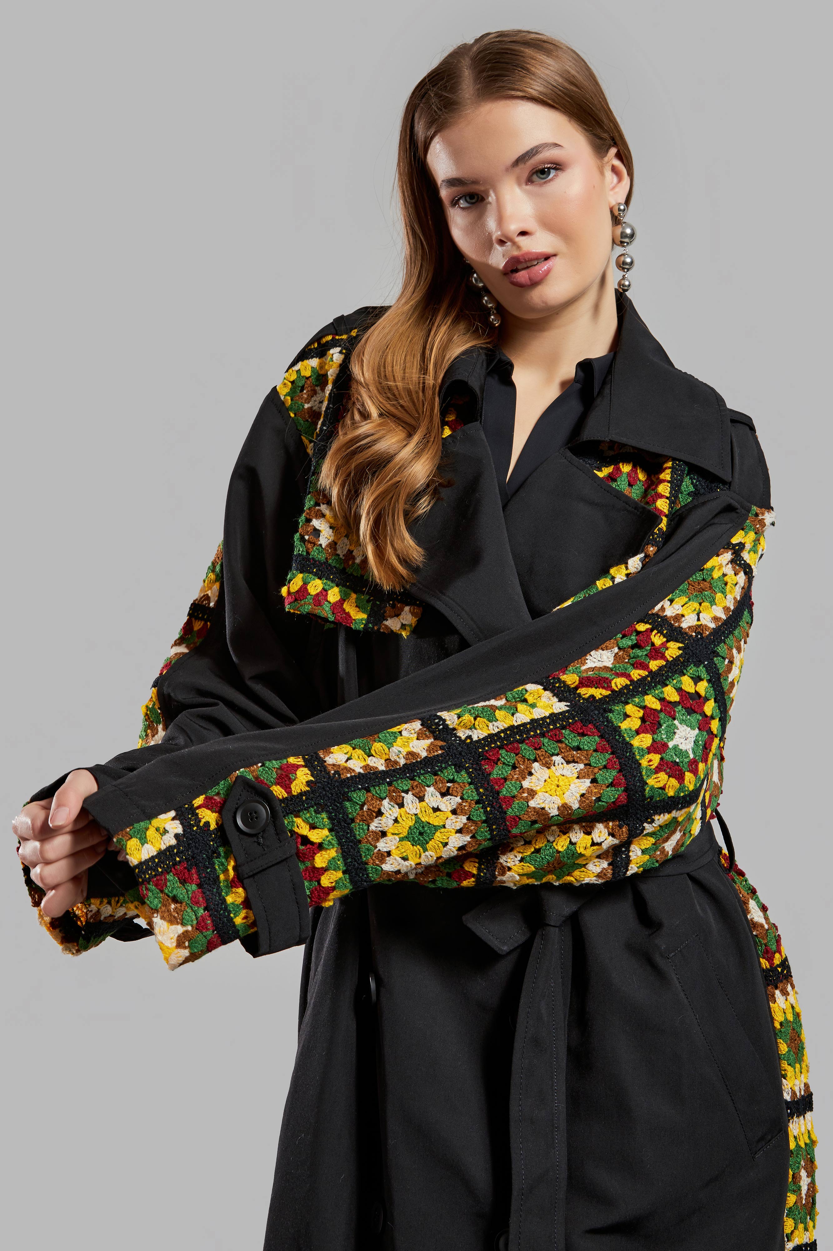 Women's Black Color Ethnic Patterned Long Length Belted Design Trench Coat