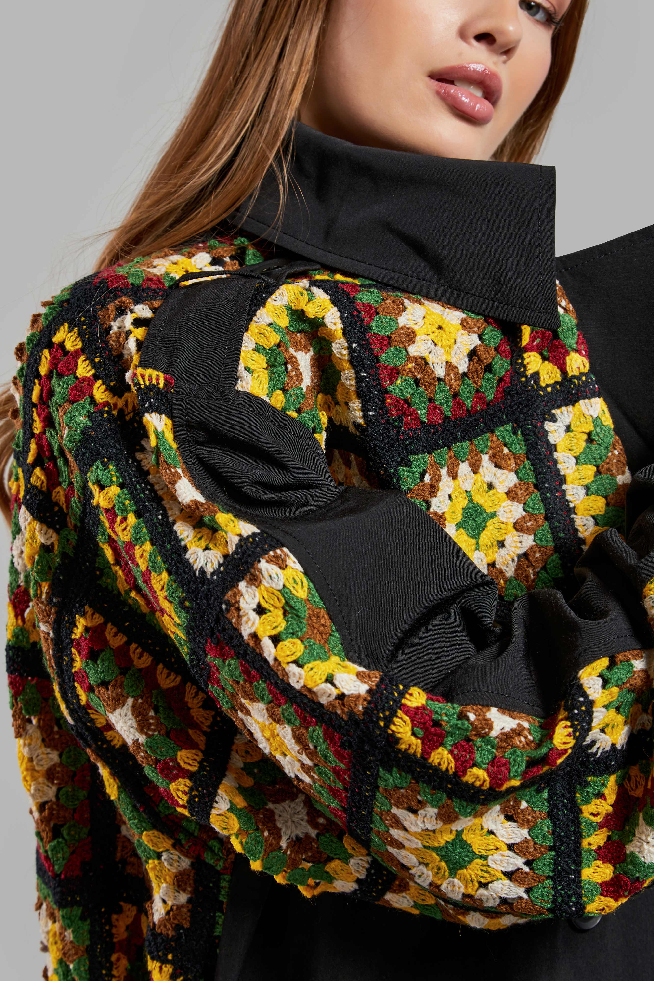 Women's Black Color Ethnic Patterned Long Length Belted Design Trench Coat