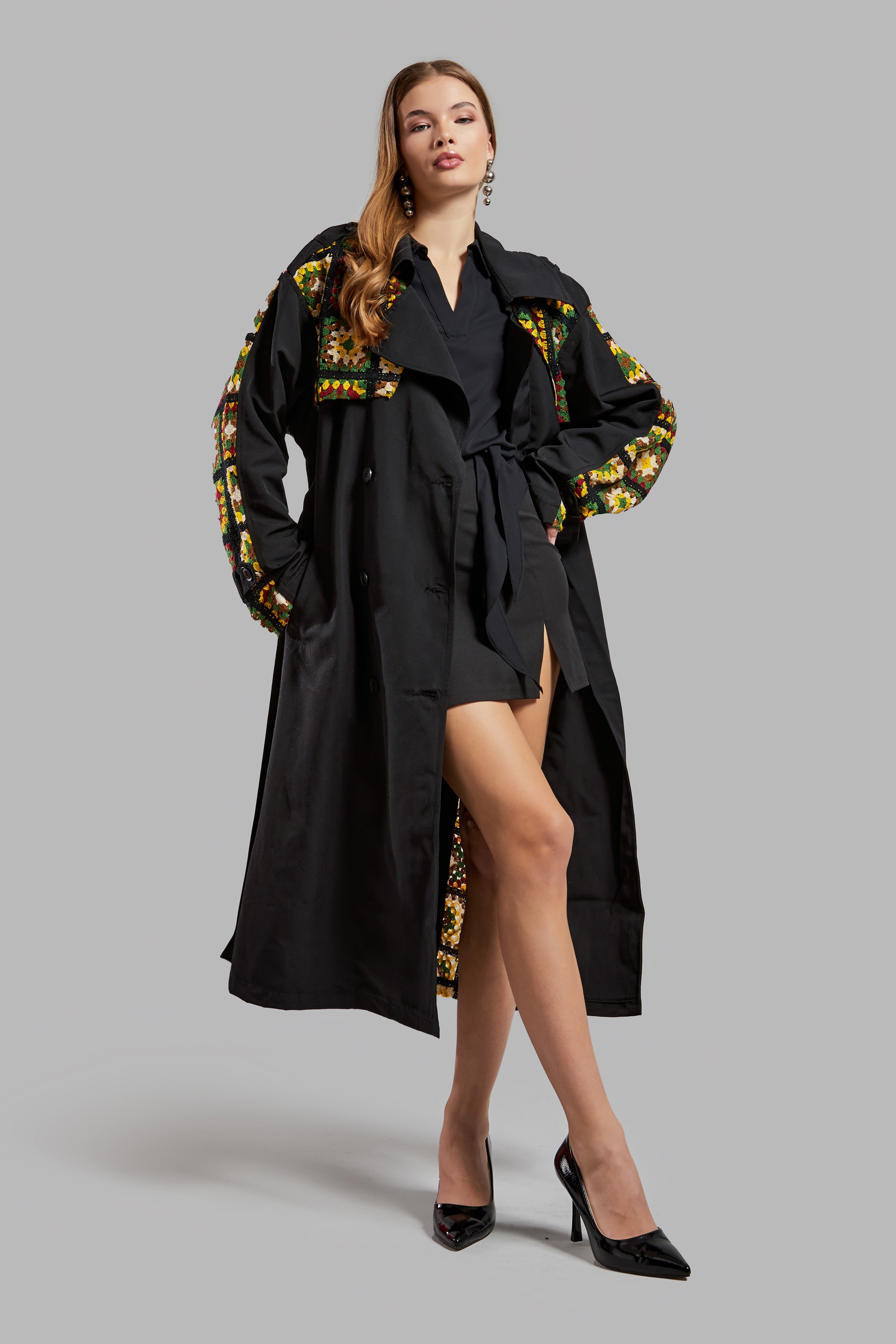 Women's Black Color Ethnic Patterned Long Length Belted Design Trench Coat