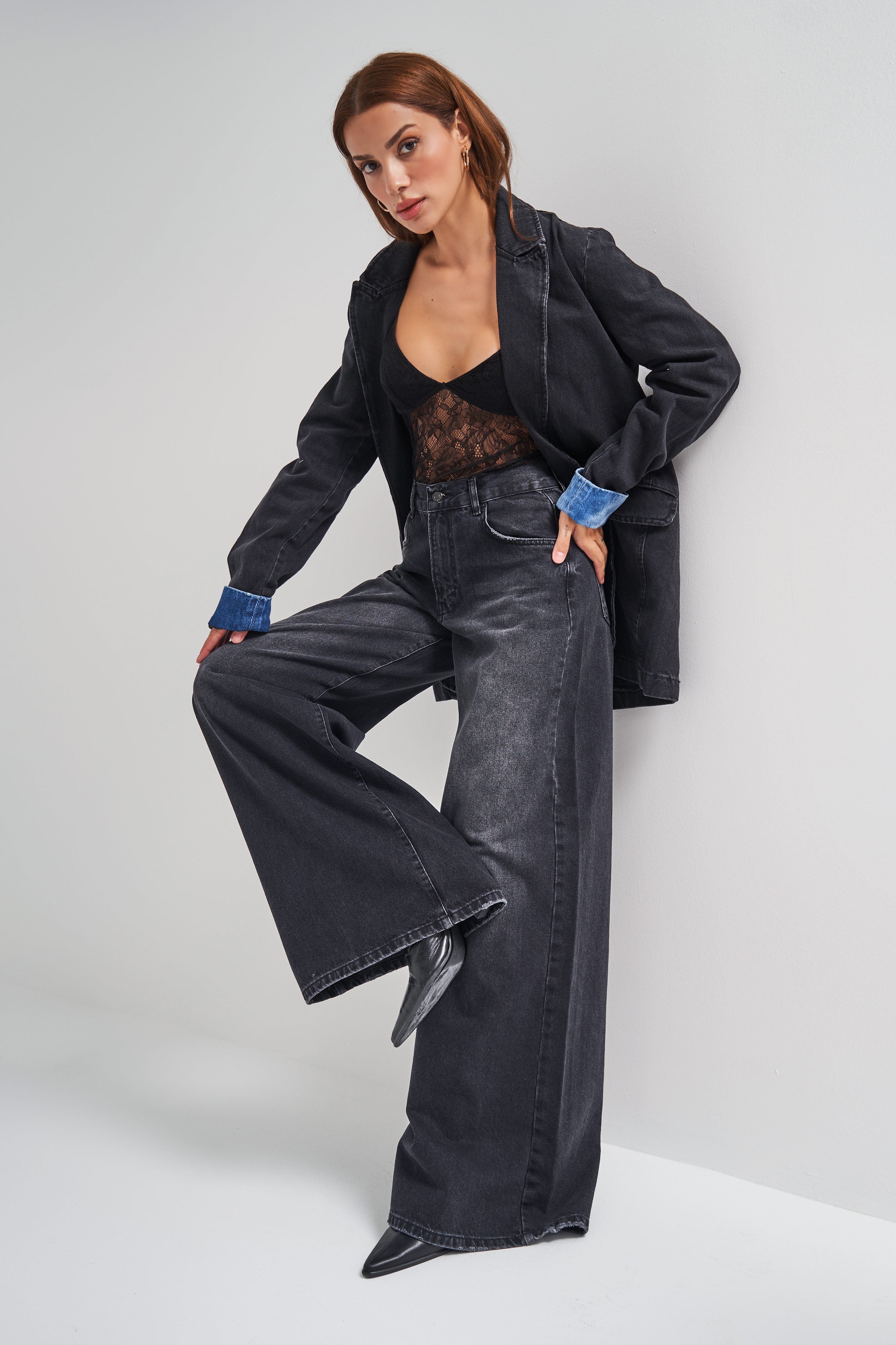 Women's Dark Smoke Color Palazzo Fit Loose Cut Denim