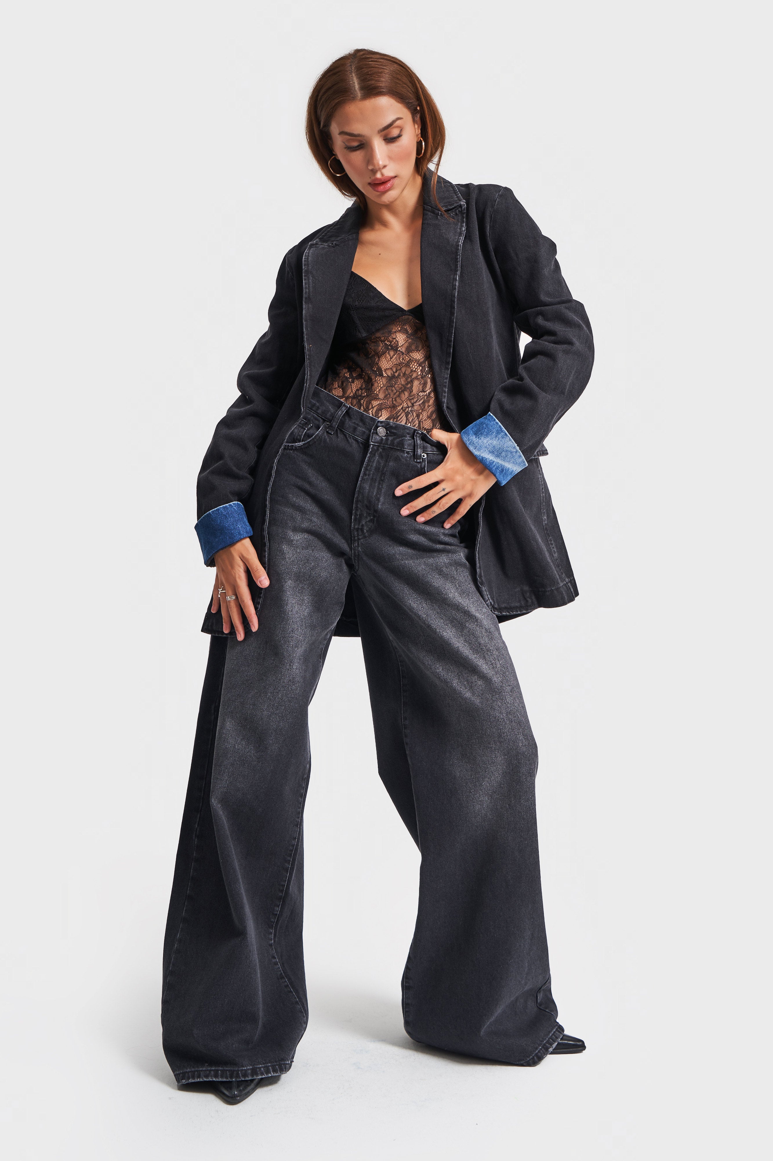 Women's Dark Smoke Color Palazzo Fit Loose Cut Denim