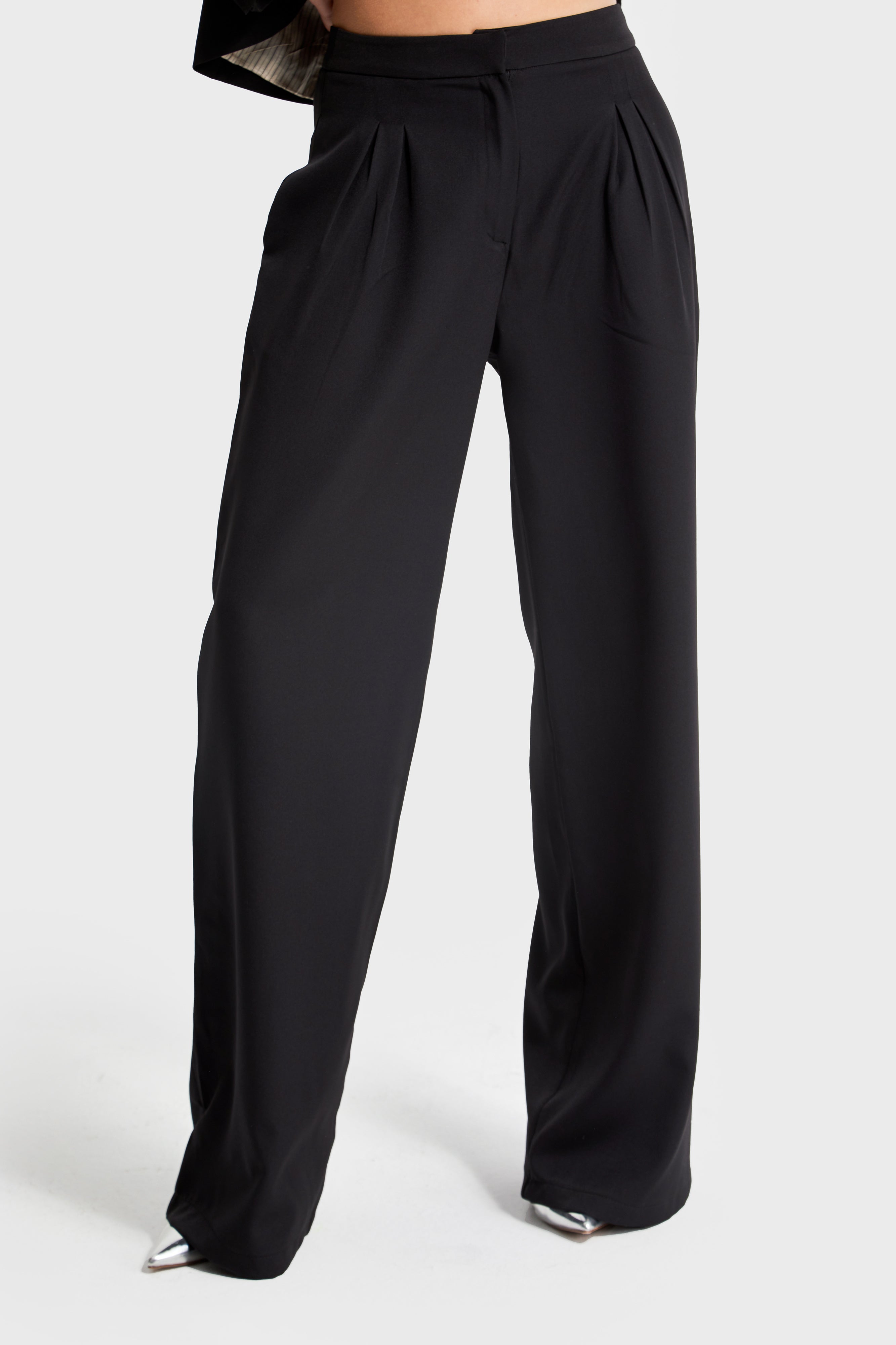 Women's Black Color Palazzo Fit Fabric Trousers