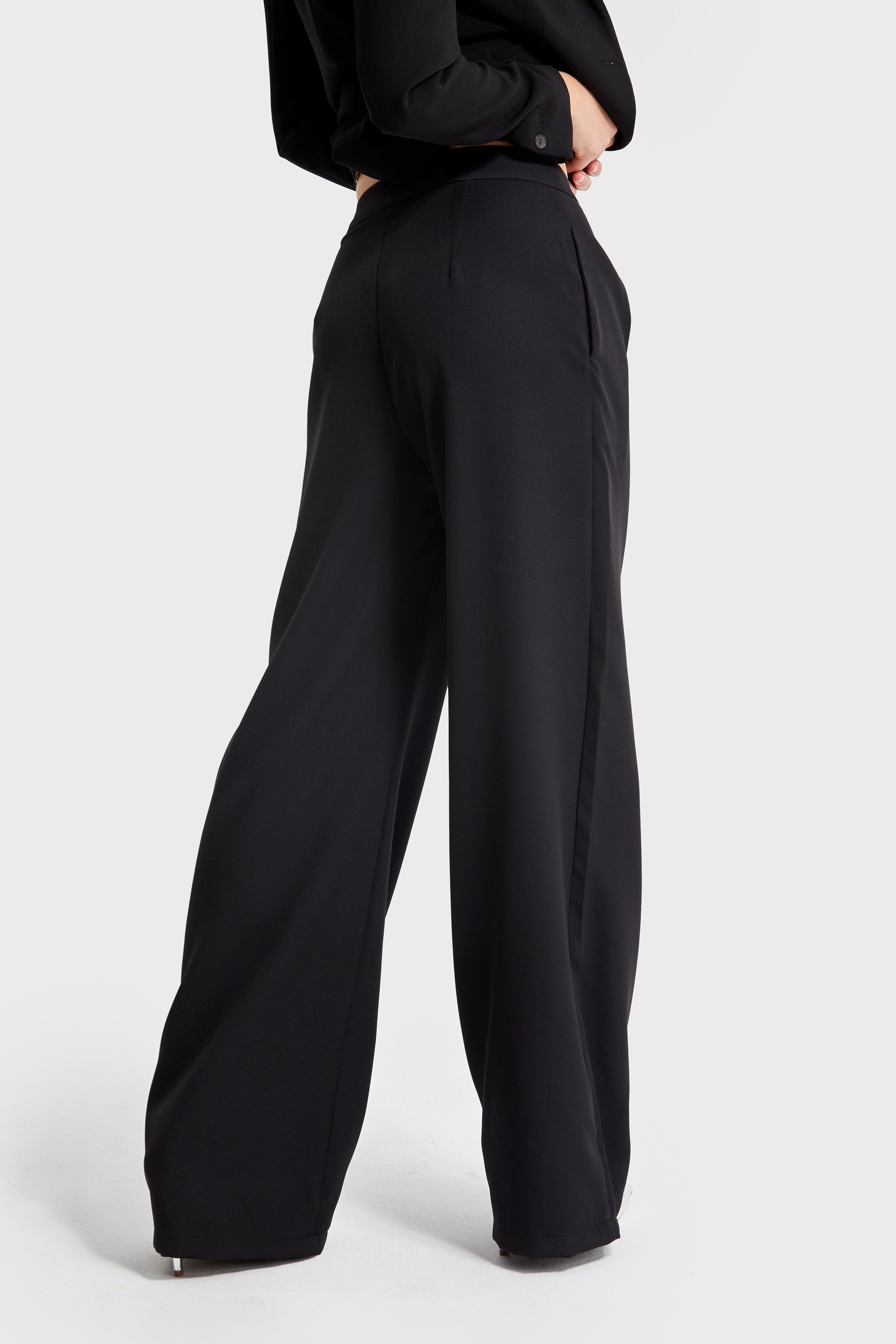 Women's Black Color Palazzo Fit Fabric Trousers