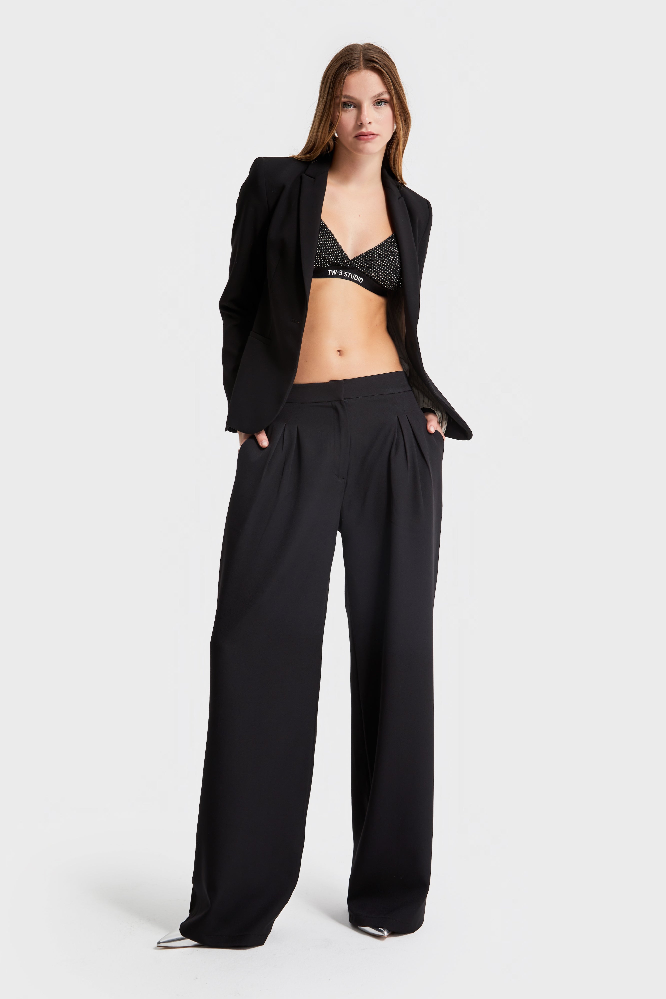 Women's Black Color Palazzo Fit Fabric Trousers
