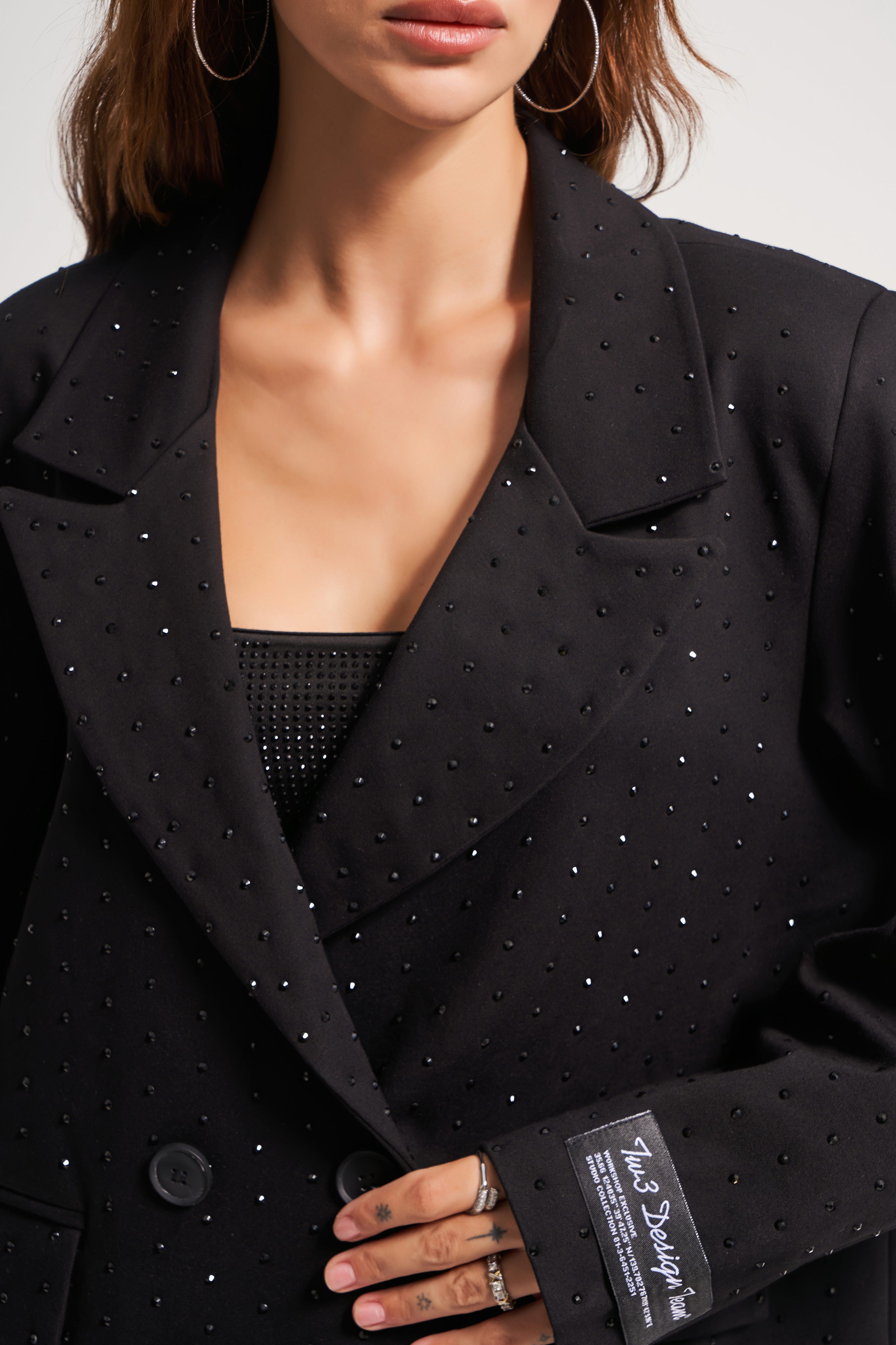 Women's Black Color Shiny Stone Double Breasted Cut Design Jacket