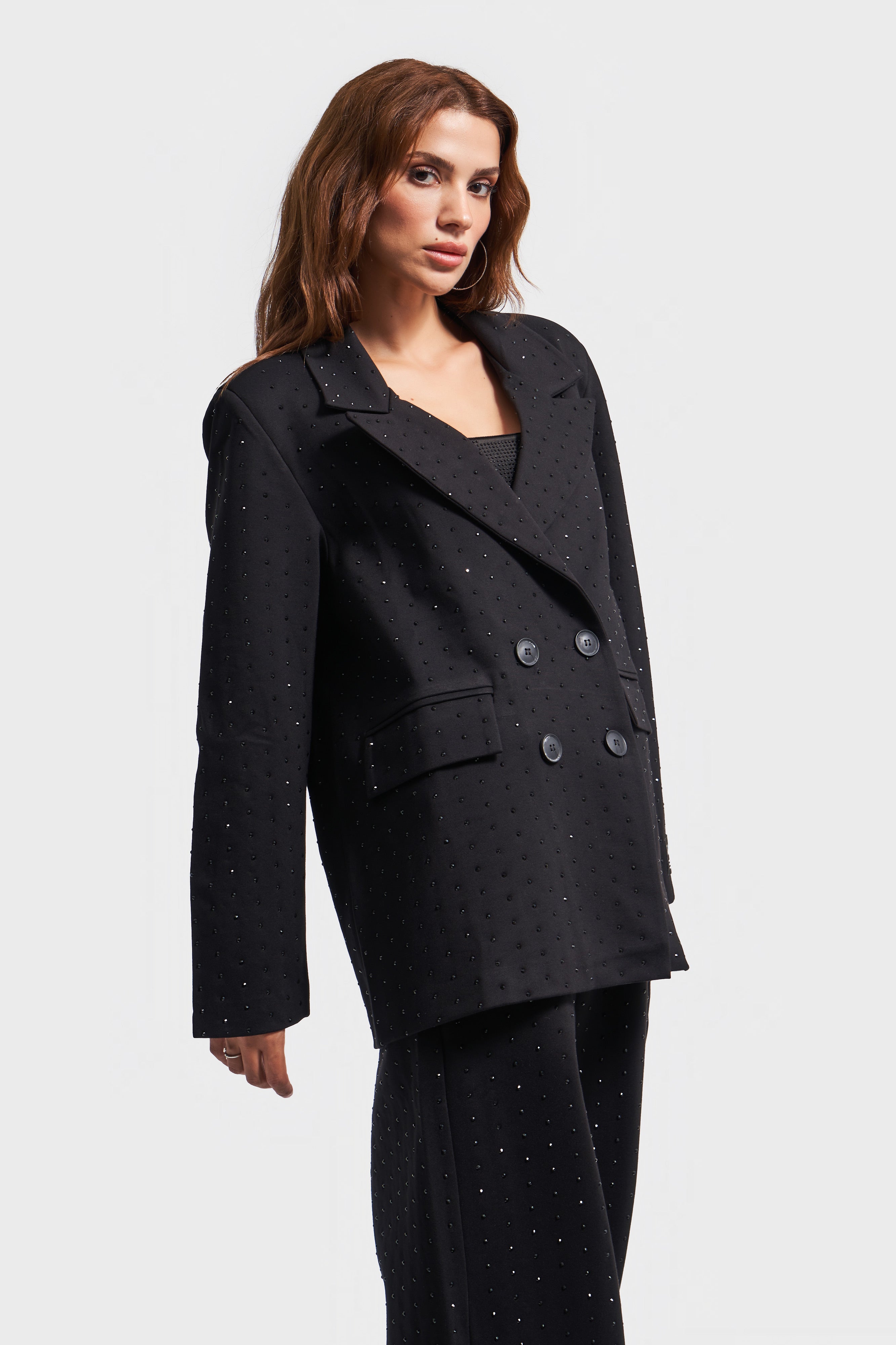 Women's Black Color Shiny Stone Double Breasted Cut Design Jacket