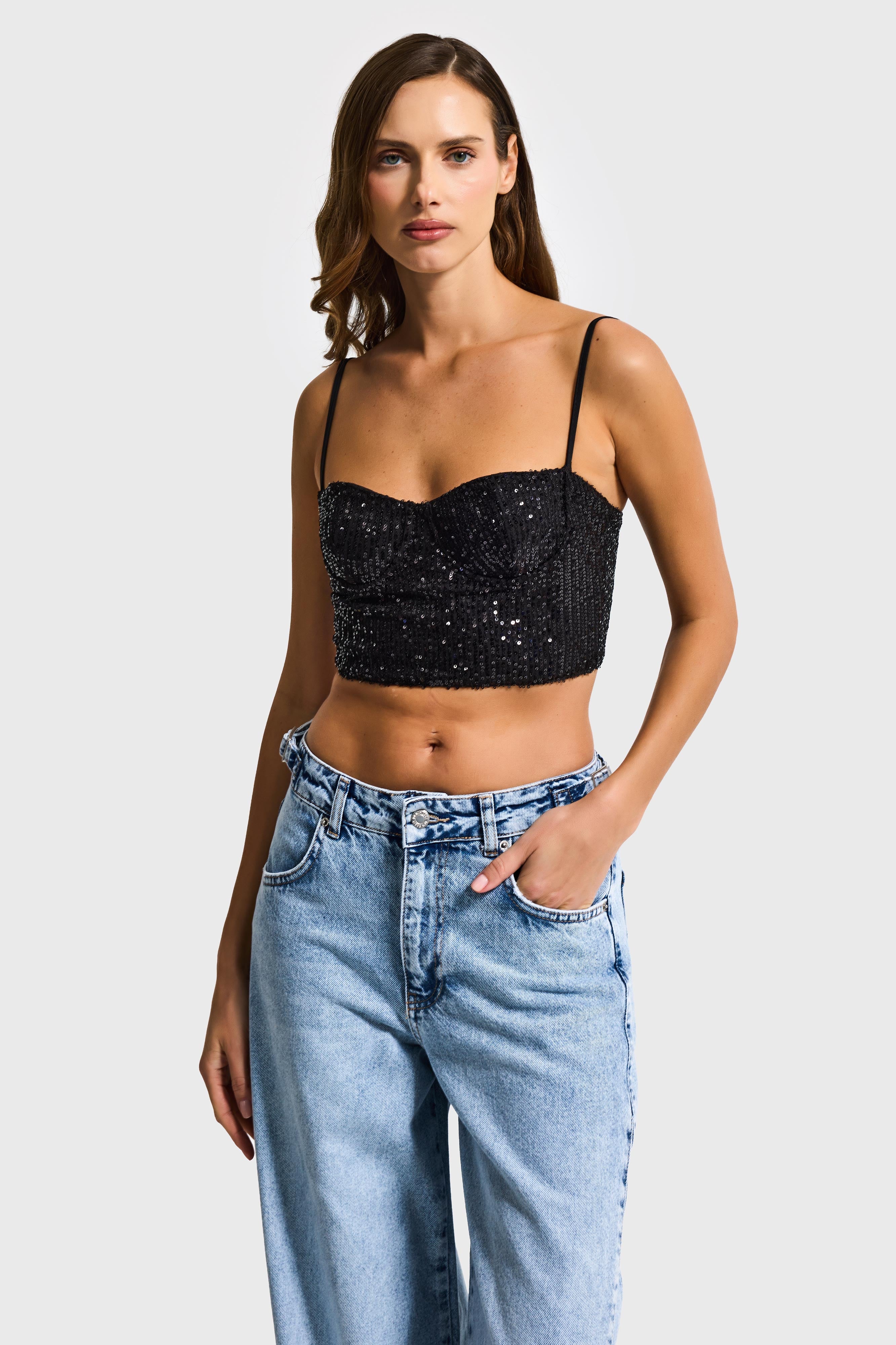 Kadın Siyah Renk Pul Payet Detaylı Askılı Büstiyer