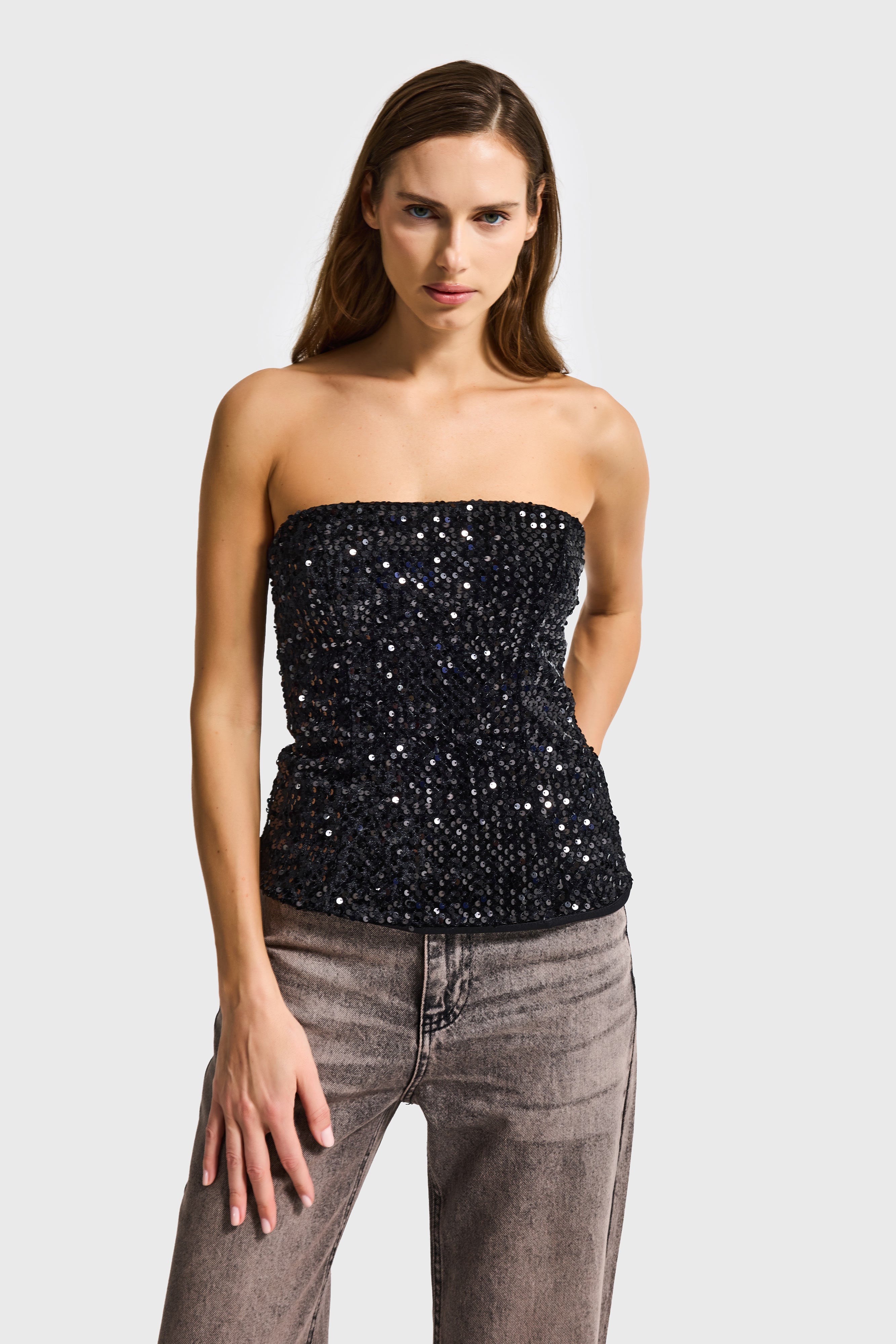 Kadın Siyah Renk Pul Payet Detaylı Straptez Fermuarlı Büstiyer