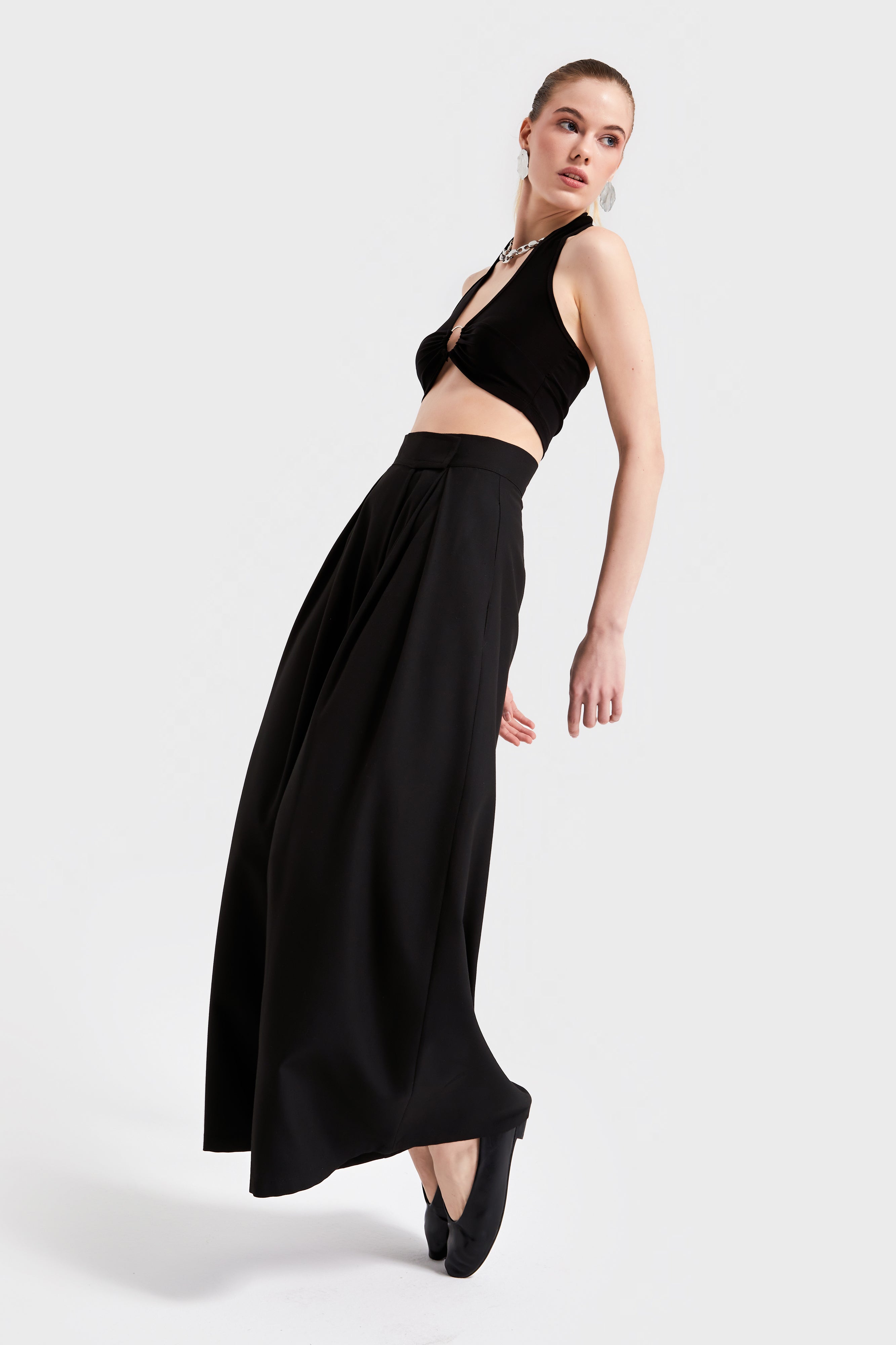 Women's Black Color S5-1 Woven Fabric Super Palazzo Relaxed Cut Fabric Trousers