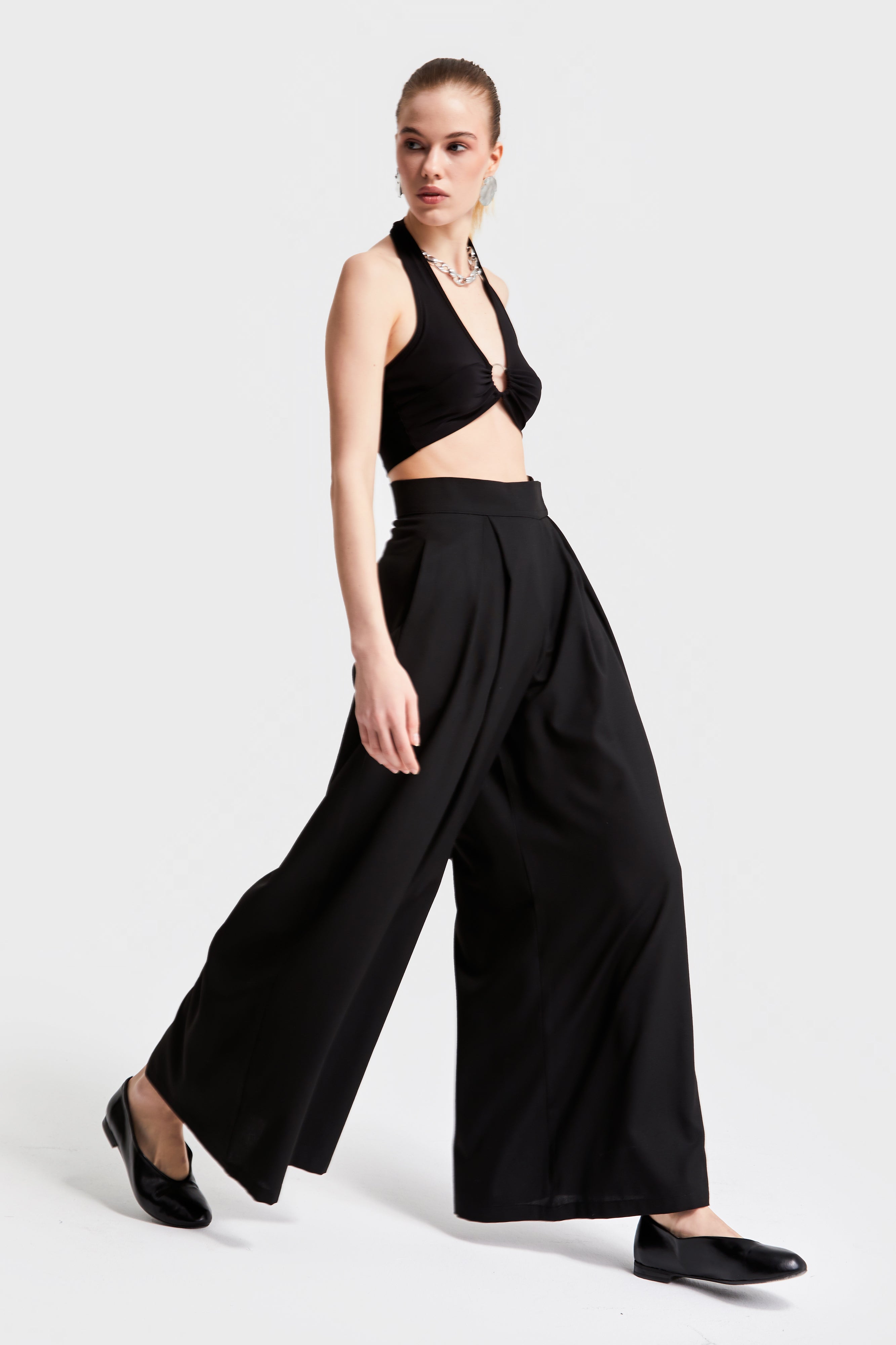 Women's Black Color S5-1 Woven Fabric Super Palazzo Relaxed Cut Fabric Trousers