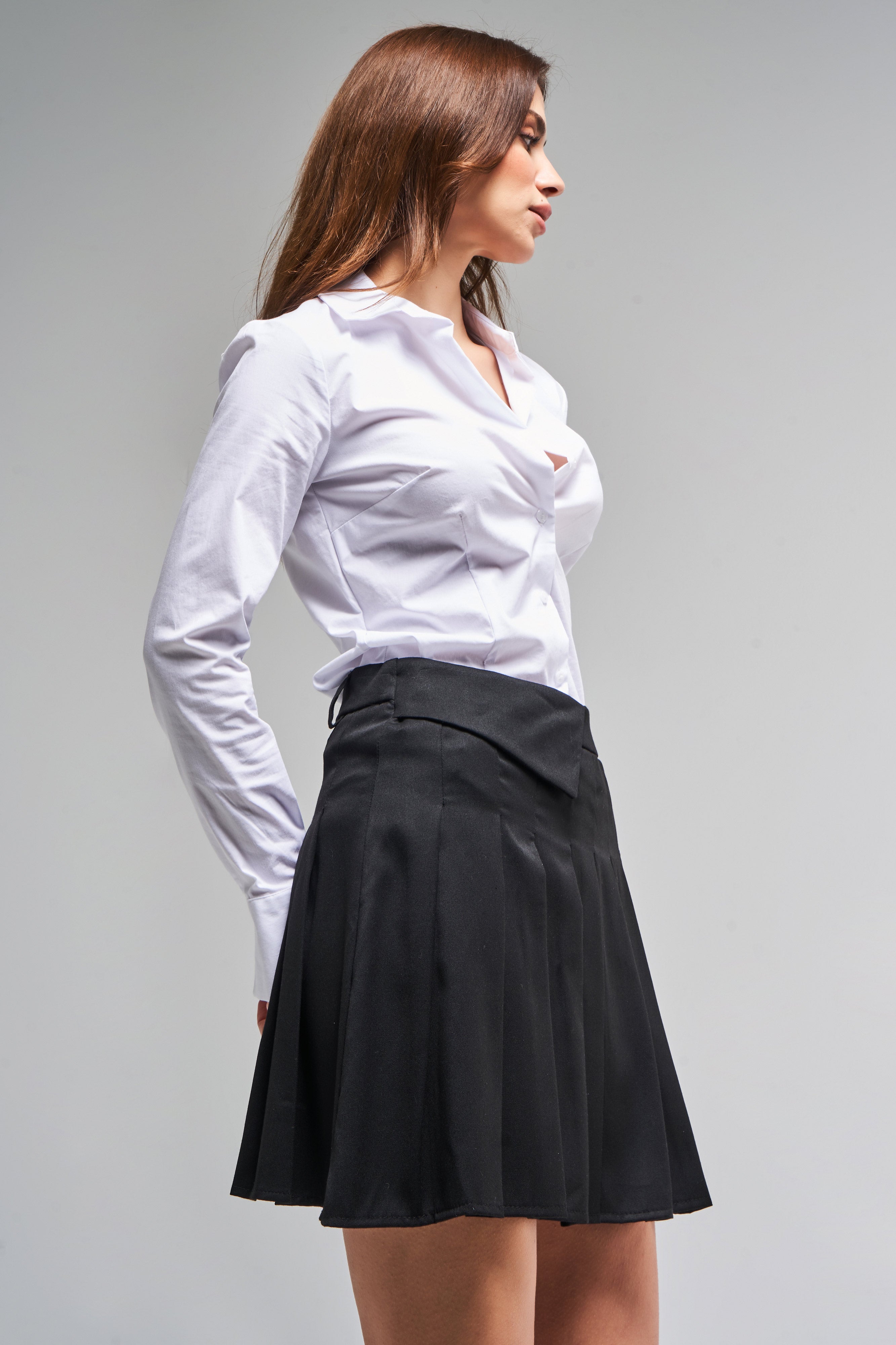 Women's Black Color S5-1 Belt Detailed Pleated Mini Fabric Skirt