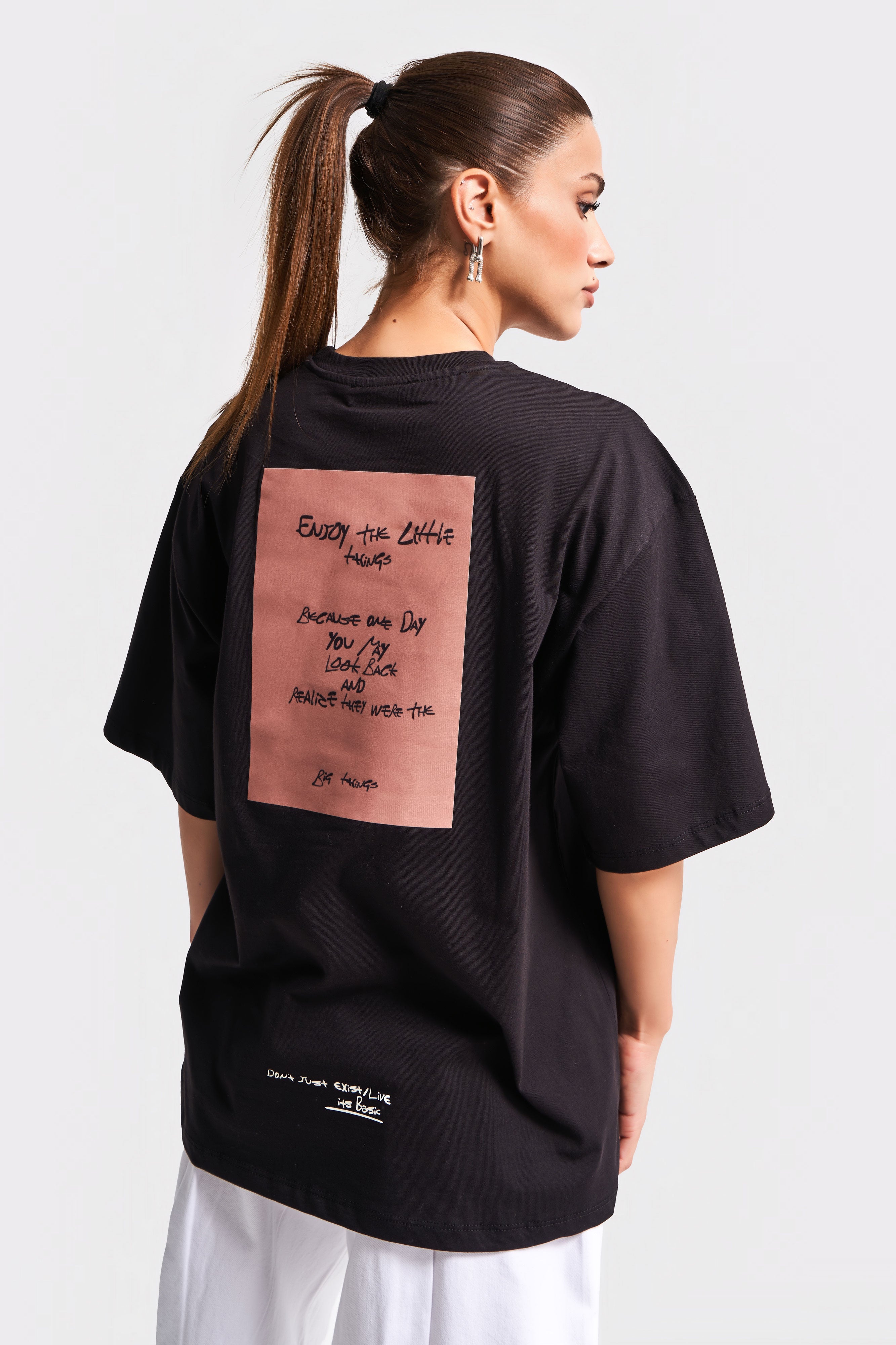 Kadın Siyah Renk s5-1 Oversize Baskılı Bol Kesim %100 Pamuklu T-Shirt