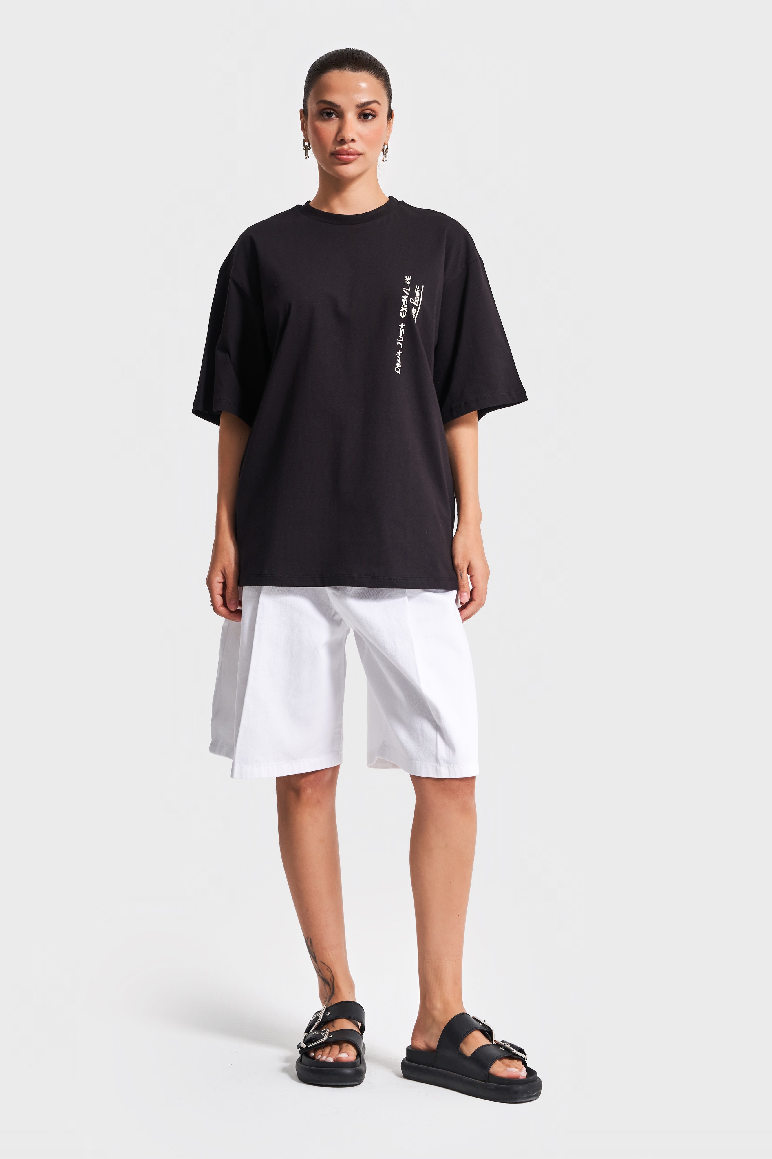 Kadın Siyah Renk s5-1 Oversize Baskılı Bol Kesim %100 Pamuklu T-Shirt