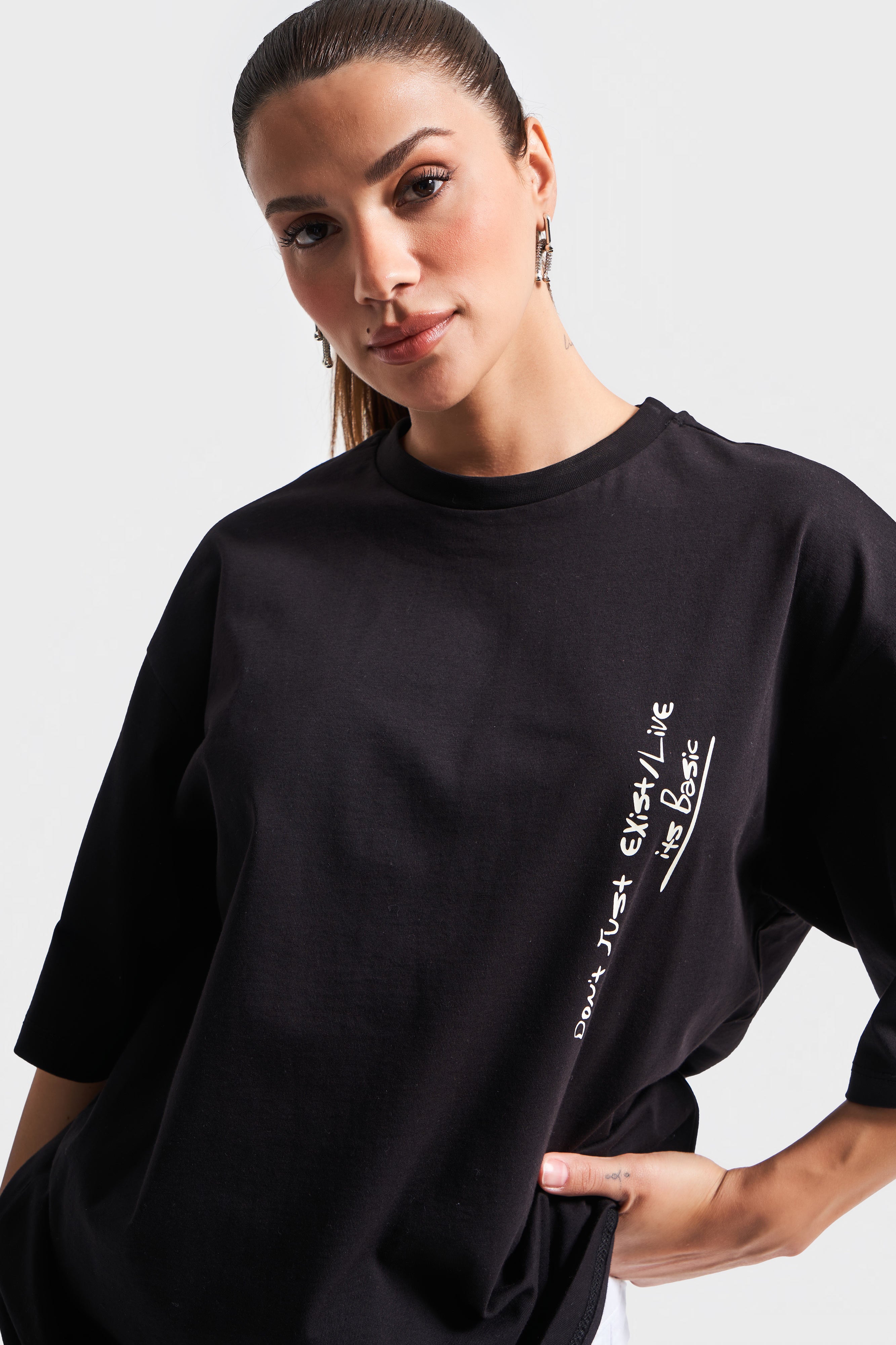 Kadın Siyah Renk s5-1 Oversize Baskılı Bol Kesim %100 Pamuklu T-Shirt