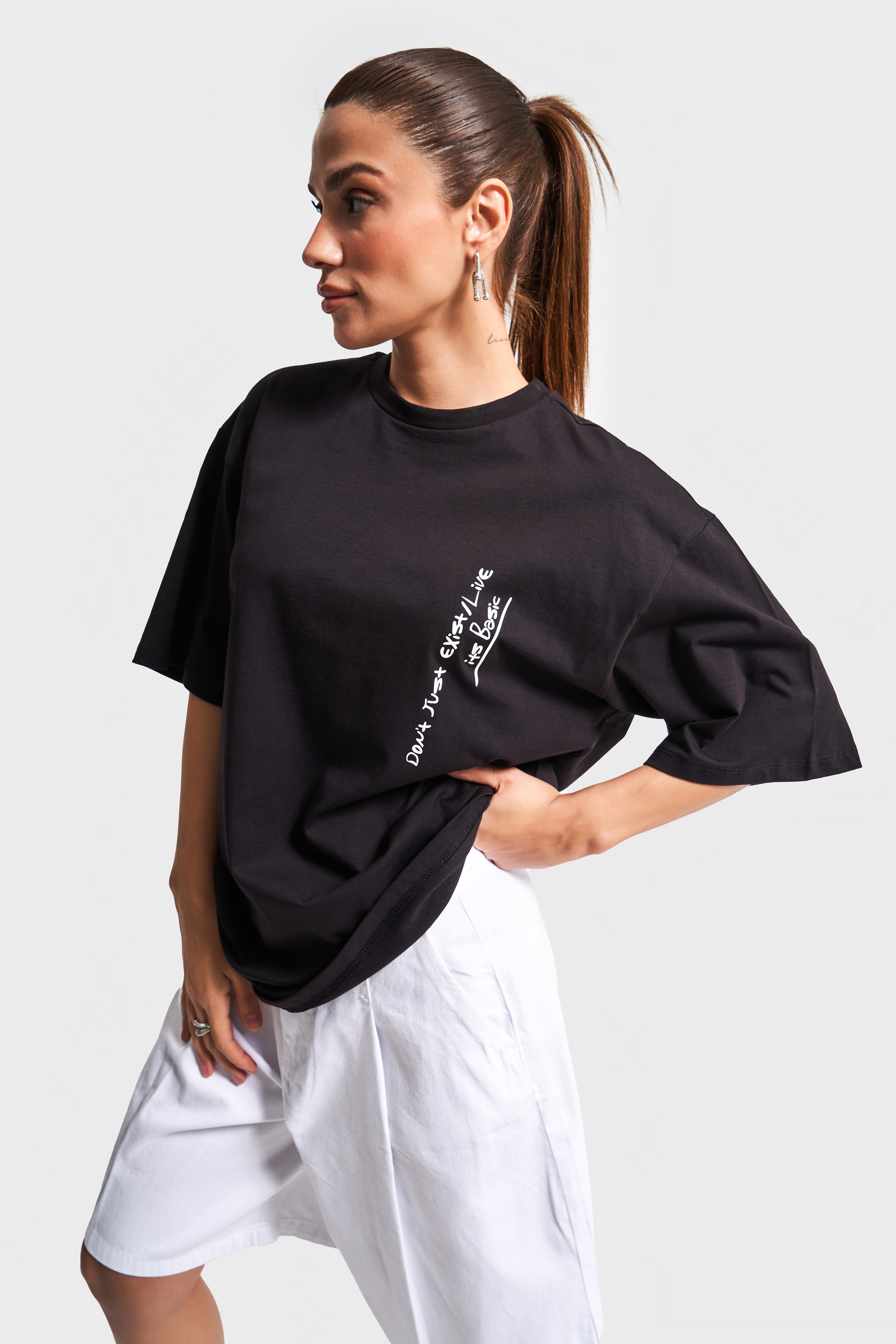 Kadın Siyah Renk s5-1 Oversize Baskılı Bol Kesim %100 Pamuklu T-Shirt