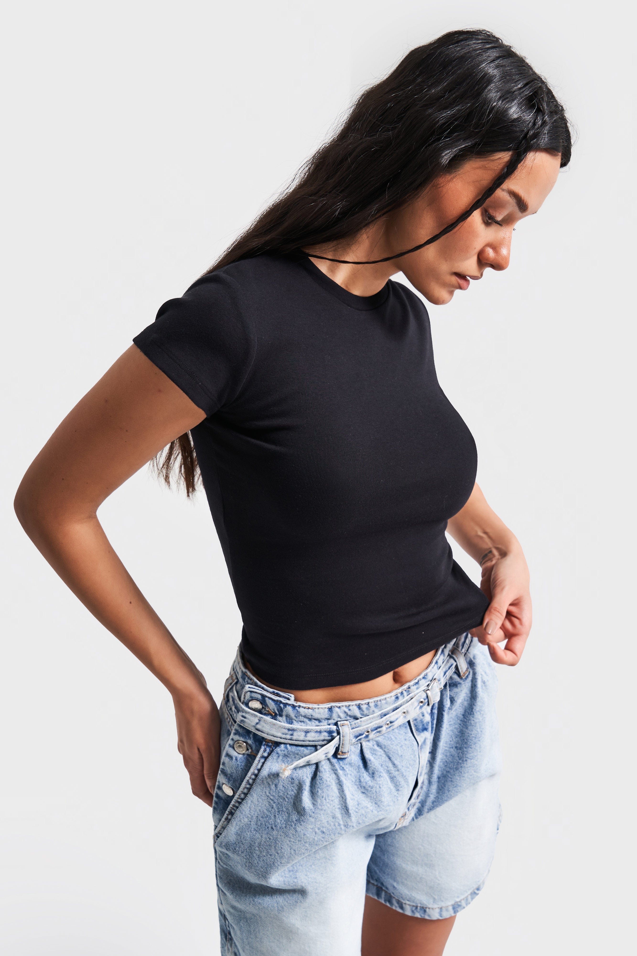 Kadın Siyah Renk s5-1 Süper Esnek Kumaş %100 Pamuk Bisiklet Yaka Basic Body