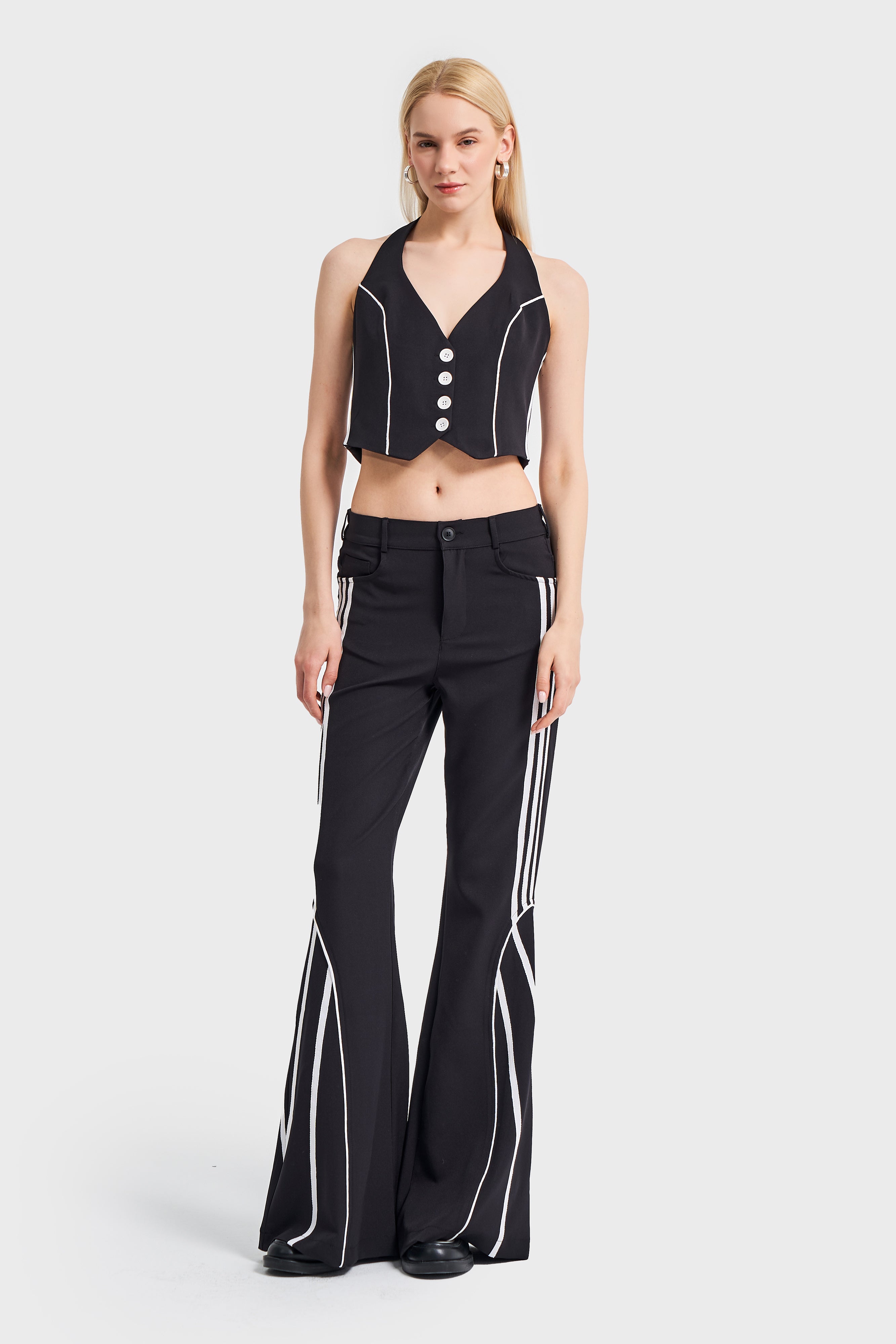 Women's Black Color Stripe Detailed Halter Neck Design Vest