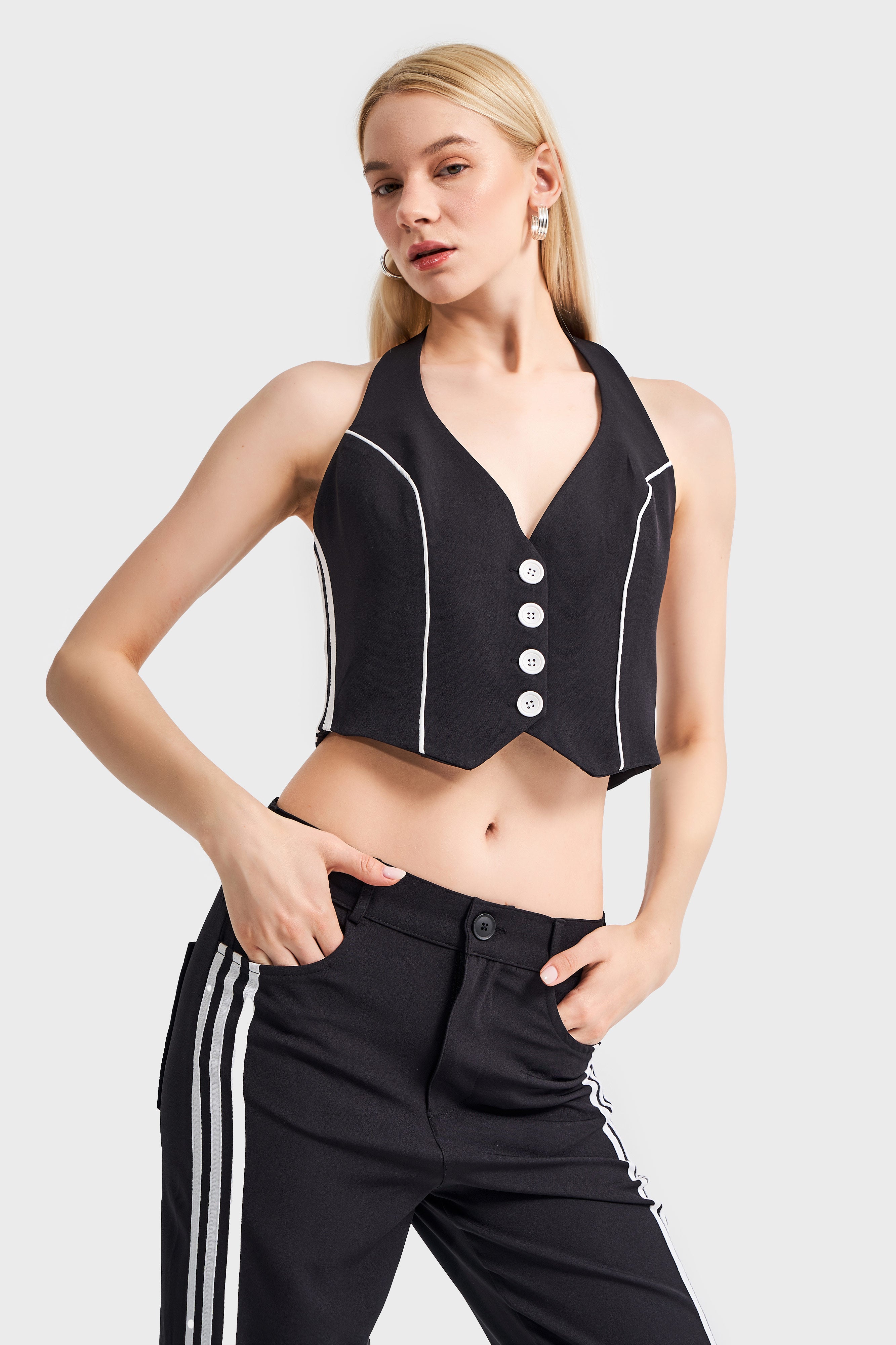 Women's Black Color Stripe Detailed Halter Neck Design Vest