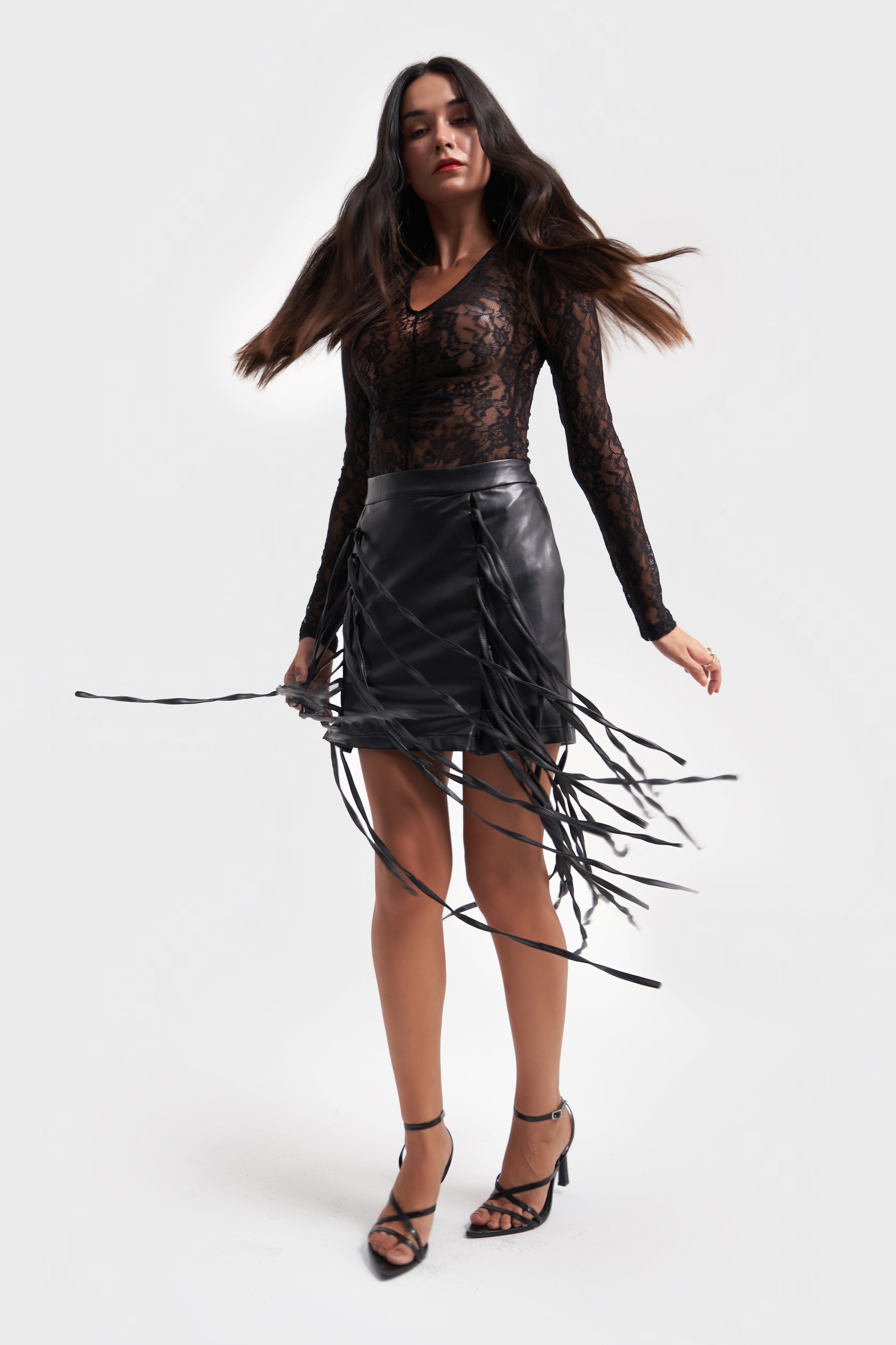 Women's Black Color Faux Leather Tassel Mini Design Leather Skirt