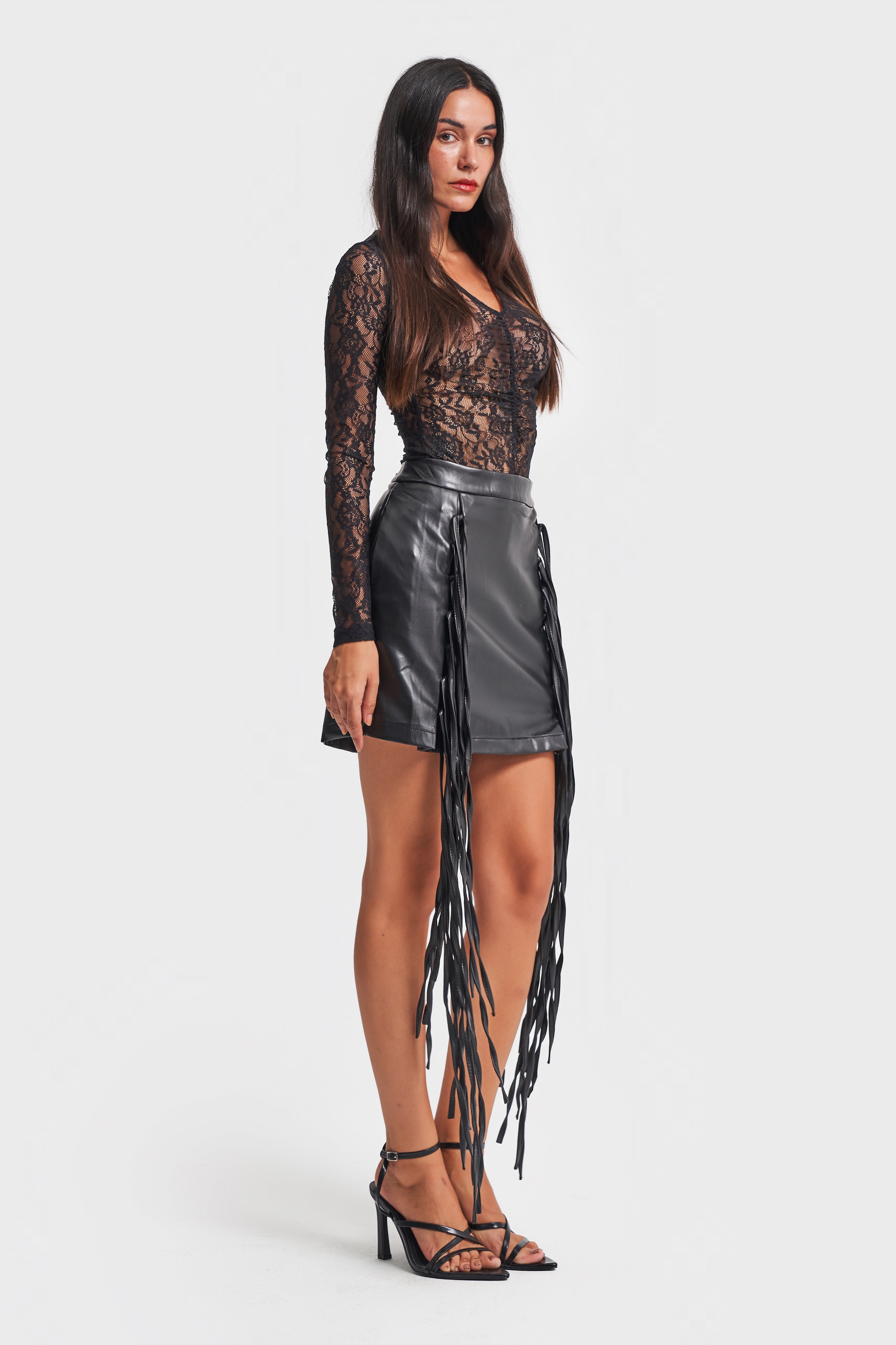 Women's Black Color Faux Leather Tassel Mini Design Leather Skirt