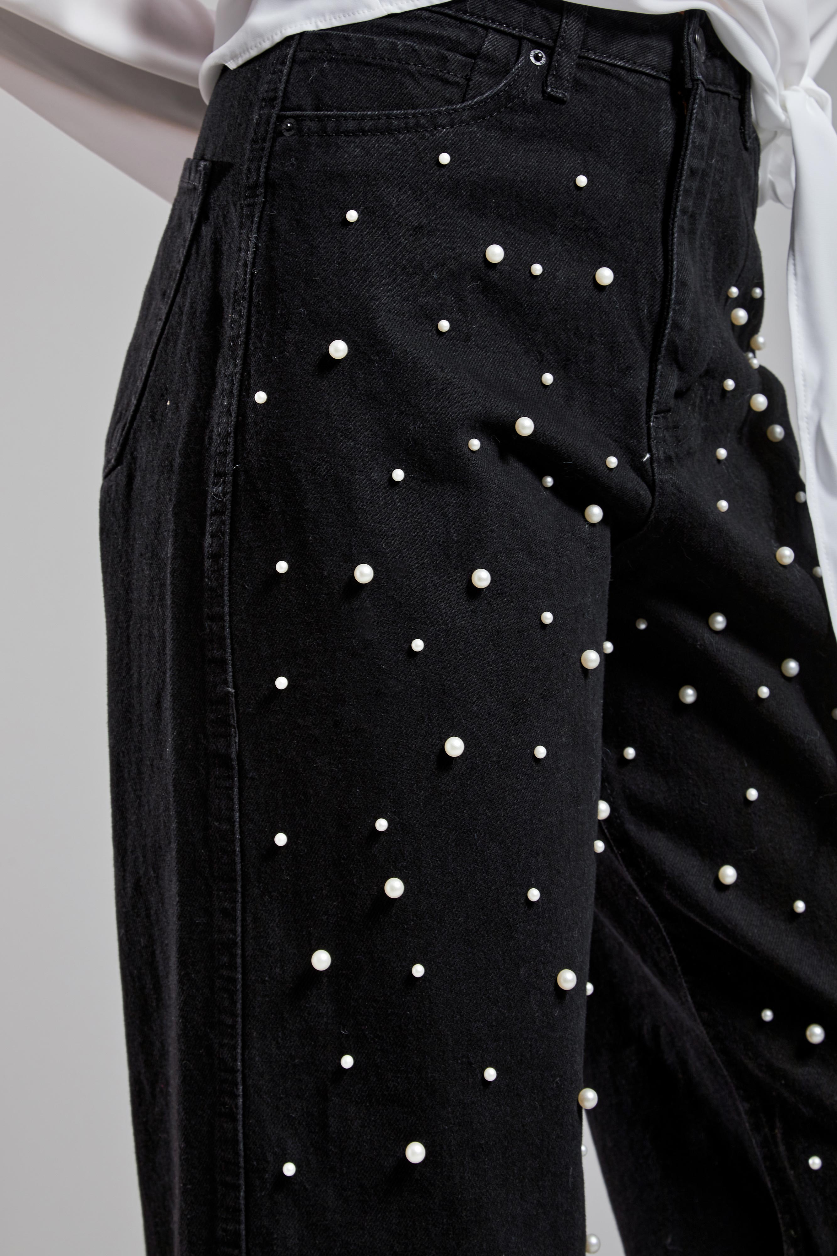 Women's Black Color T1W41 White Pearl Detailed Relax Fit 100% Cotton Design Denim